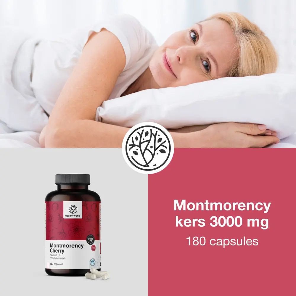 Vrouw in bed. Fles met opschrift: Montmorency kers 3000 mg, 180 capsules. Logo: HealthyWorld.