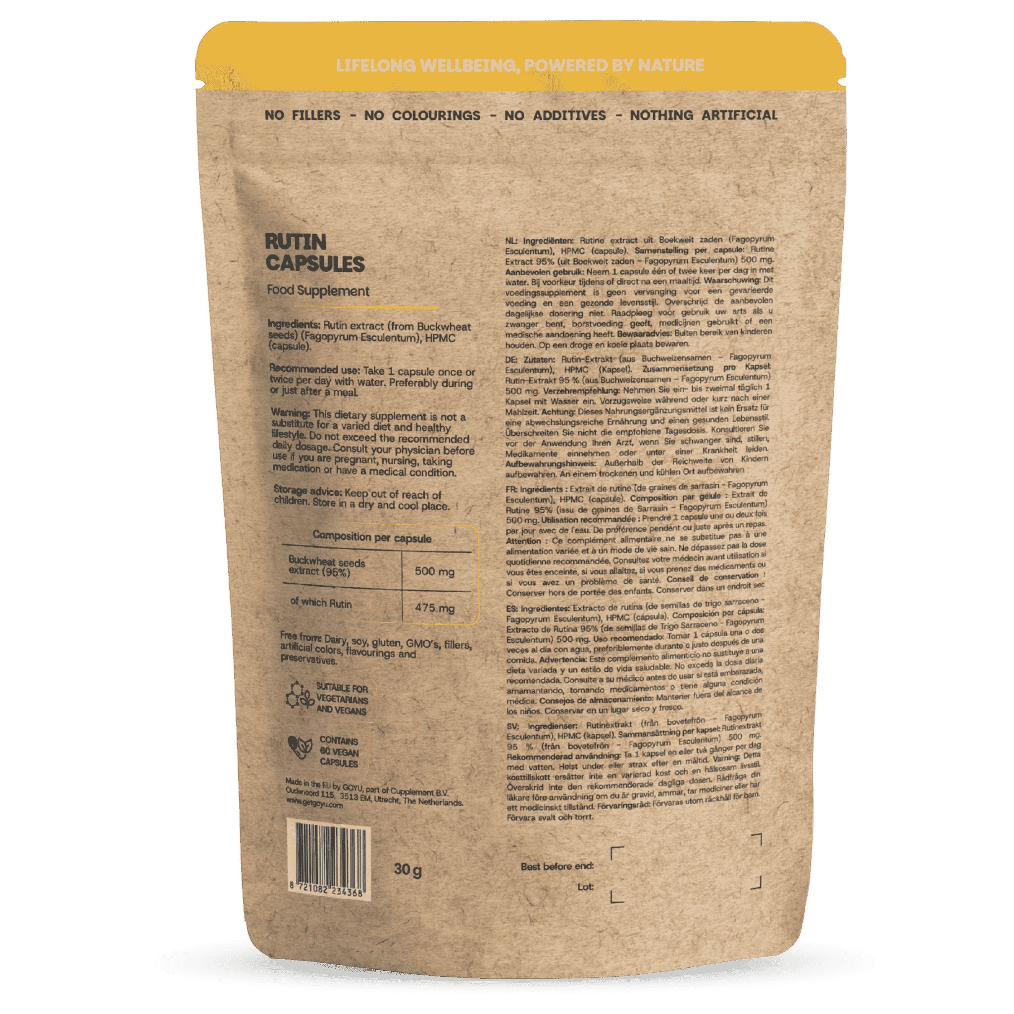 Bruine papieren zak met rutinecapsules, 30g. Bevat boekweitzaadextract en rutine.