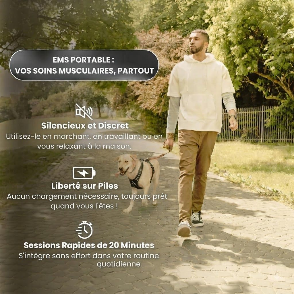 Homme promenant un chien, faisant la promotion d'un appareil EMS portable pour les soins musculaires.