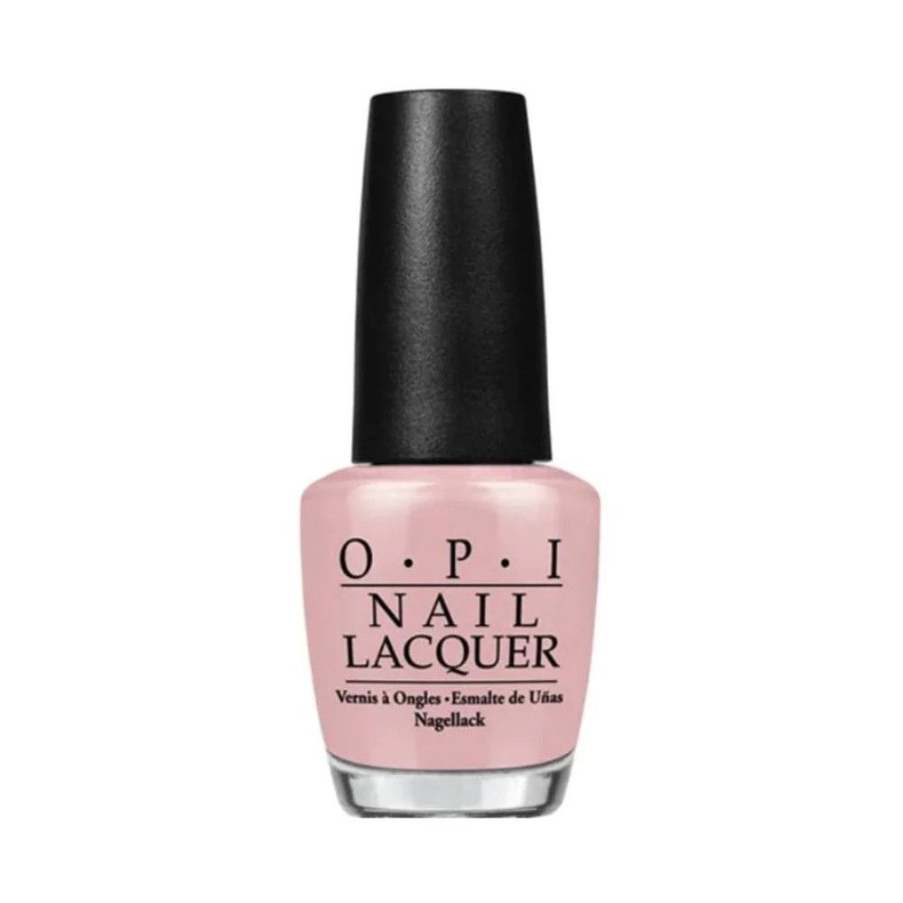 OPI nagellak fles. Roze nagellak met zwarte dop. Opschrift: OPI NAIL LACQUER.