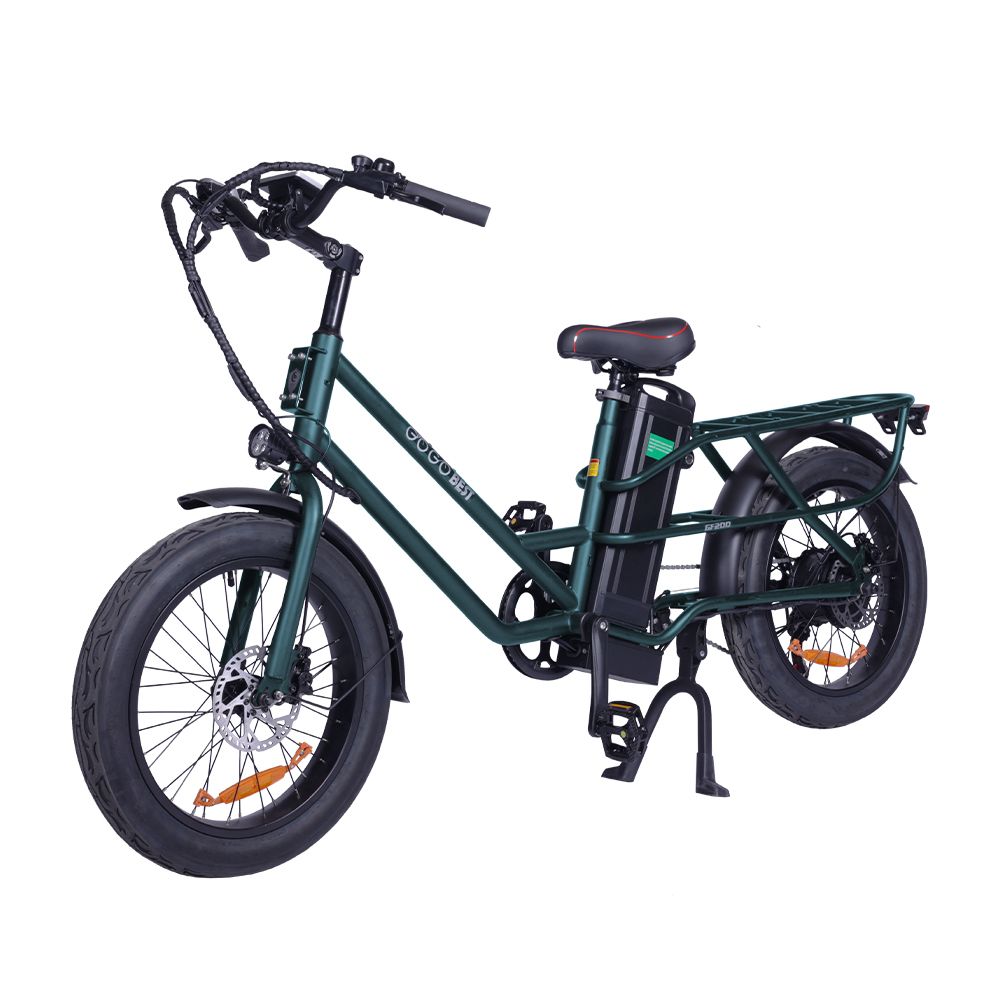 Groene elektrische bakfiets met zwarte bagagedrager en banden. Accu op frame. GOGOBEST-opschrift.