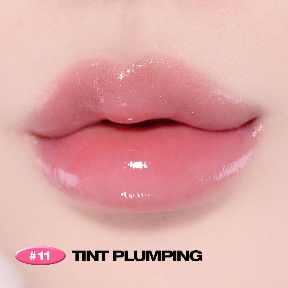 Lèvres brillantes avec une teinte rose. Texte : "#11 TINT PLUMPING".
