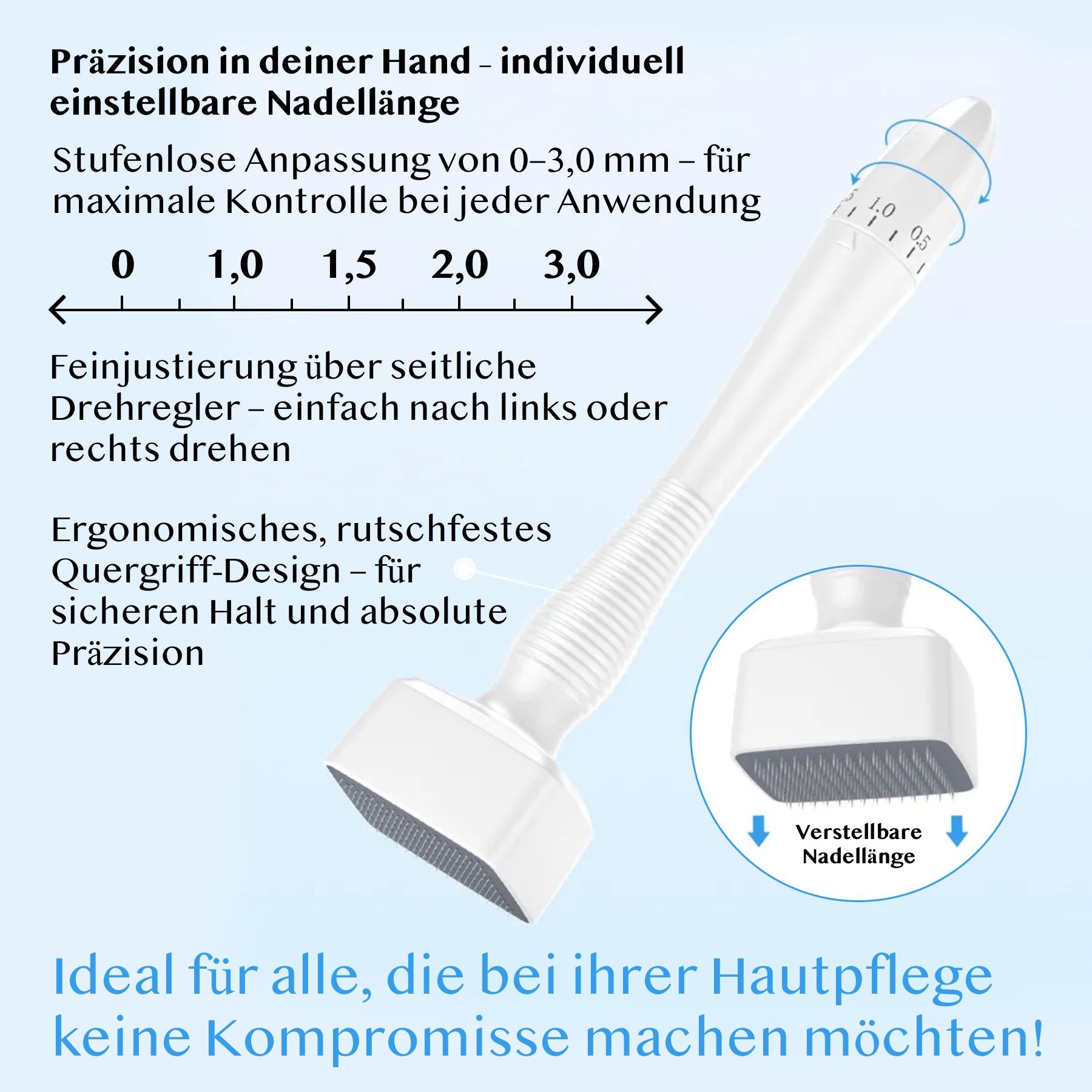 Witte Derma Stamp met schaal. Schaal: 0-3,0 mm. Tekst: Ergonomisch ontwerp, verstelbare naaldlengte.