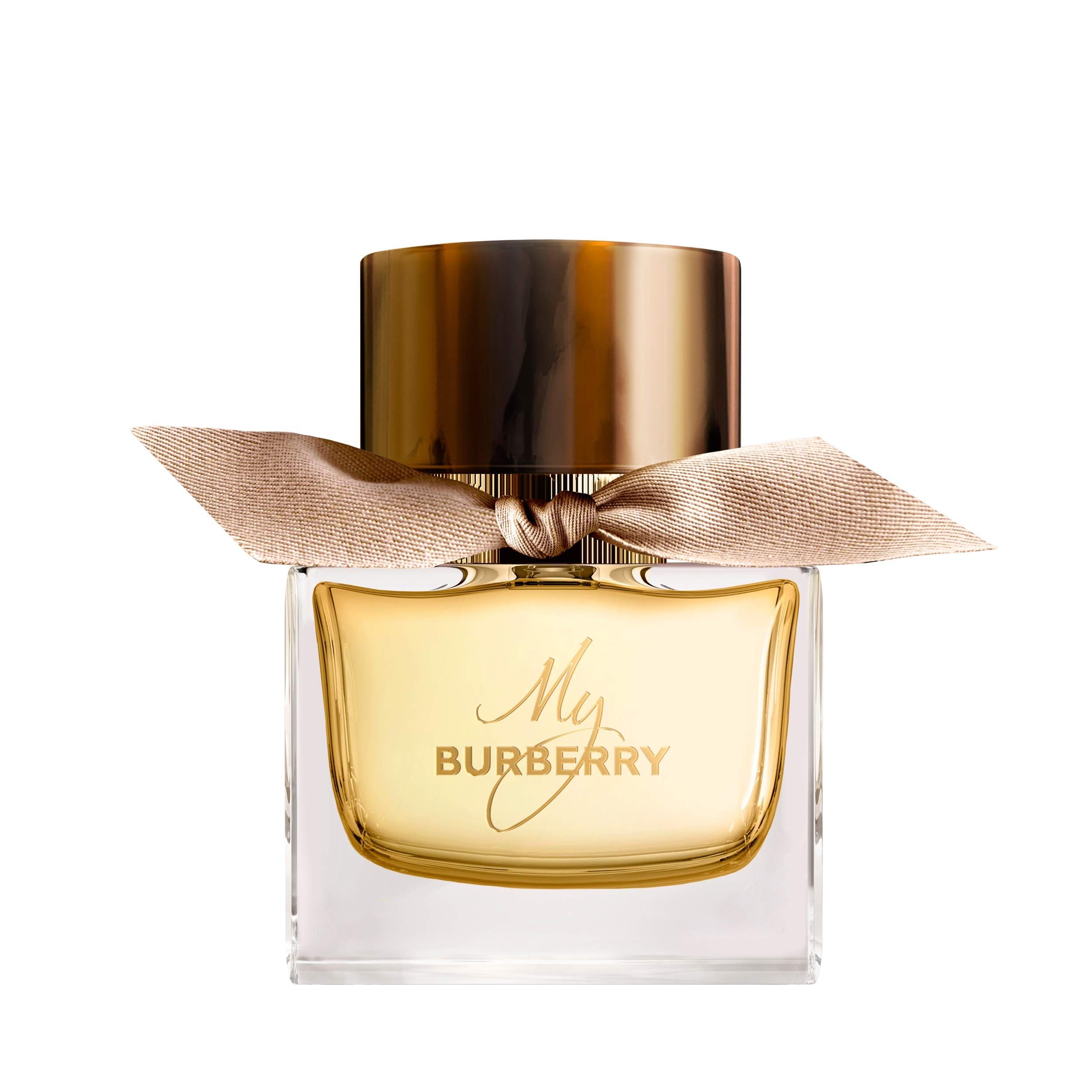 Parfumfles met gouden dop en strik. Op de fles staat My Burberry.