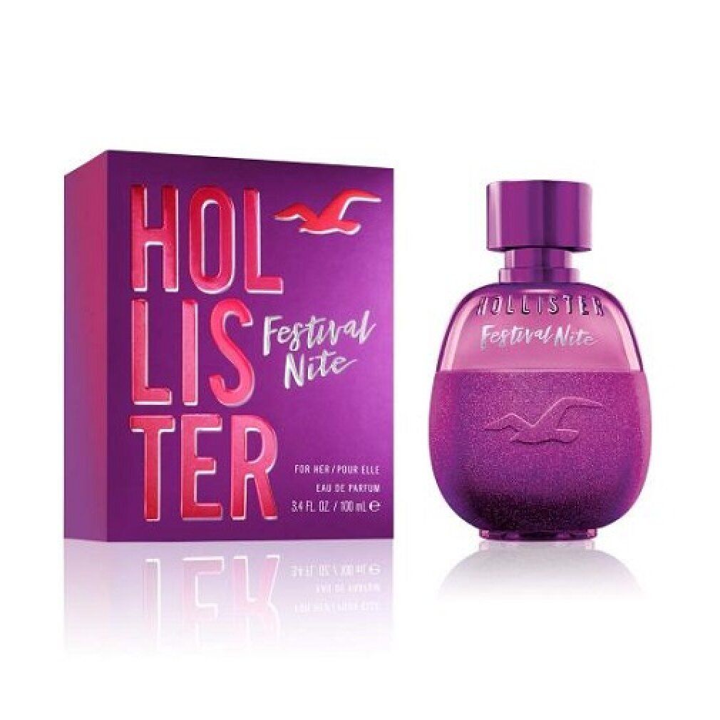 Paarse fles en verpakking. Opschrift: Hollister Festival Nite. Fles met verstuiver. Verpakking met logo.