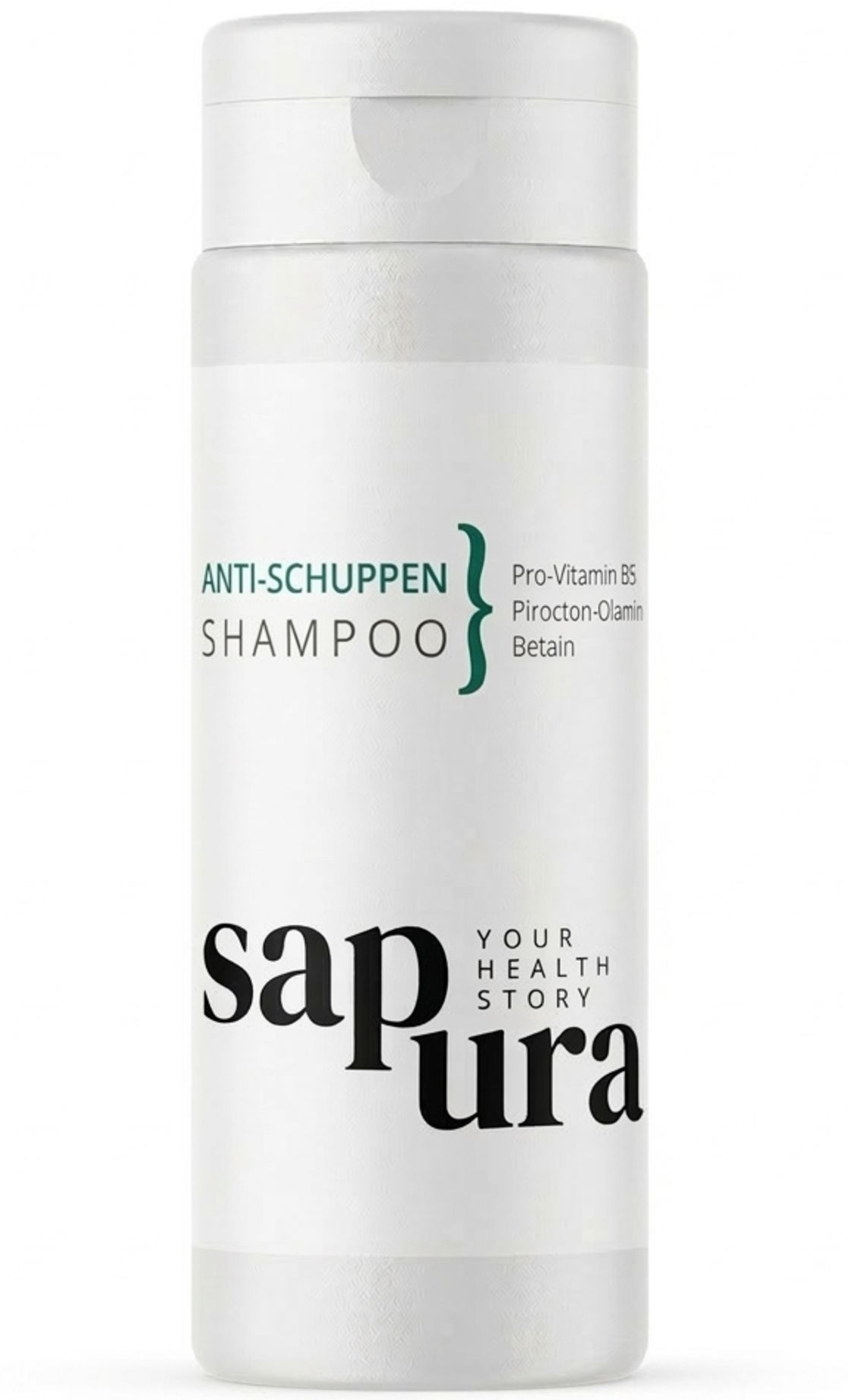 Flacon de shampooing blanc avec l'inscription verte "ANTI-SCHUPPEN SHAMPOO" et le logo "sapura". Contient de la Pro-Vitamine B5.