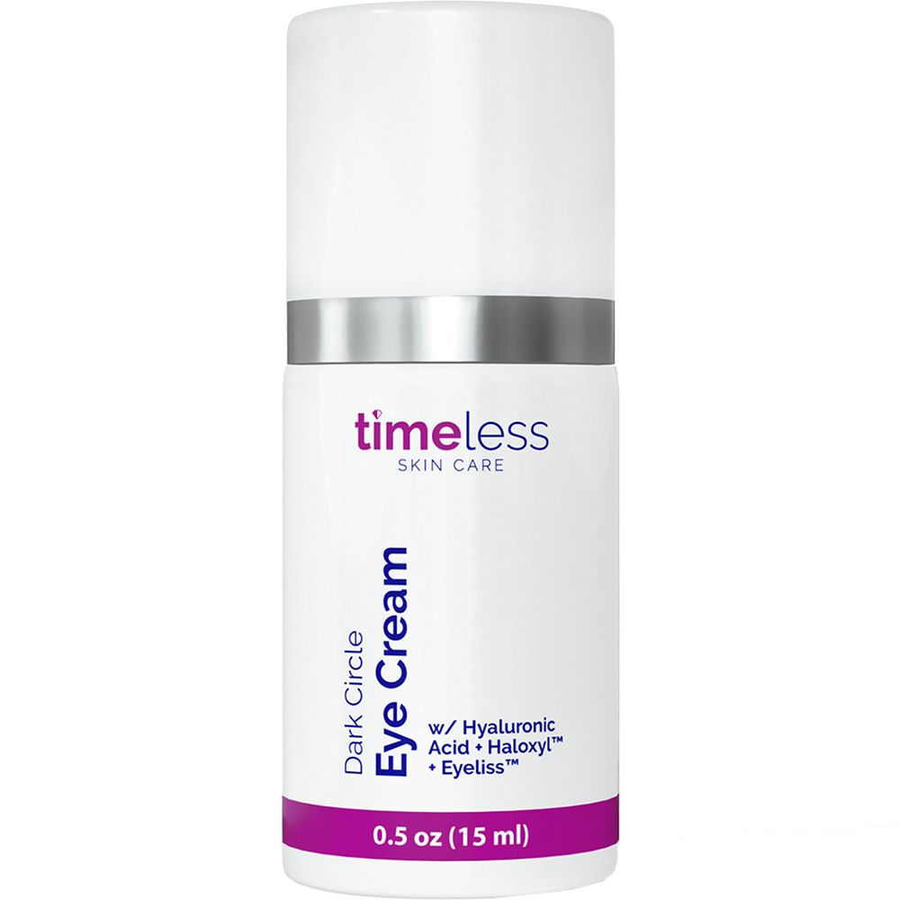 Witte fles met zilveren ring en dop. Opschrift: TIMELESS SKIN CARE, Dark Circle Eye Cream, 0.5 oz (15 ml).