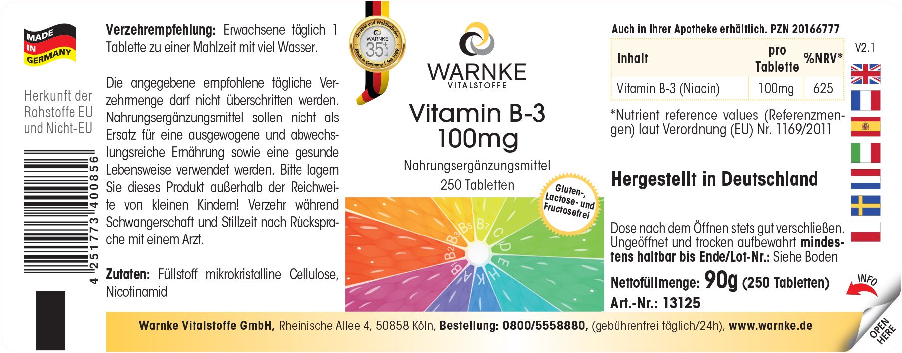 Etiket met productinformatie. Opschrift: Vitamine B-3 100mg, 250 tabletten. Merk: WARNKE Vitalstoffe. Geproduceerd in Duitsland.