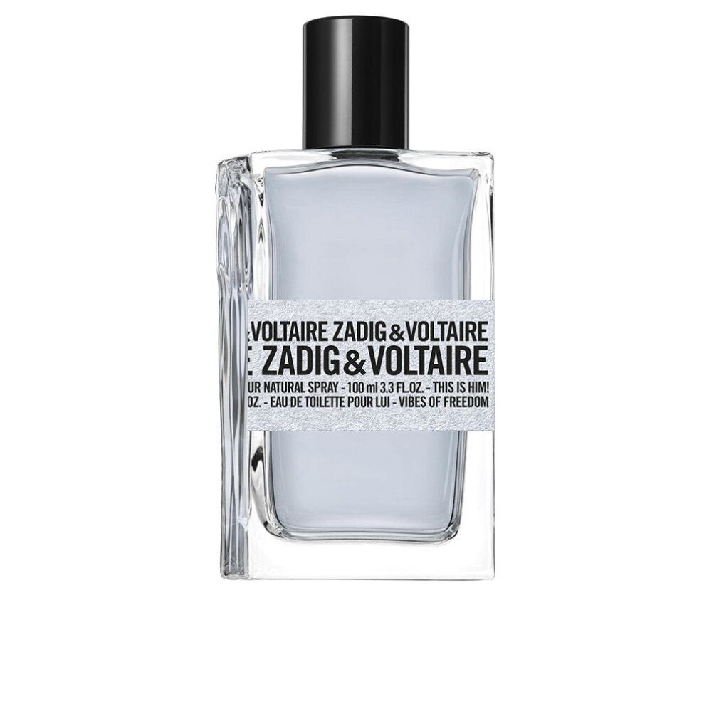 Flacon de parfum Zadig & Voltaire, liquide bleu. Rectangulaire, bouchon noir. Texte sur l'étiquette.