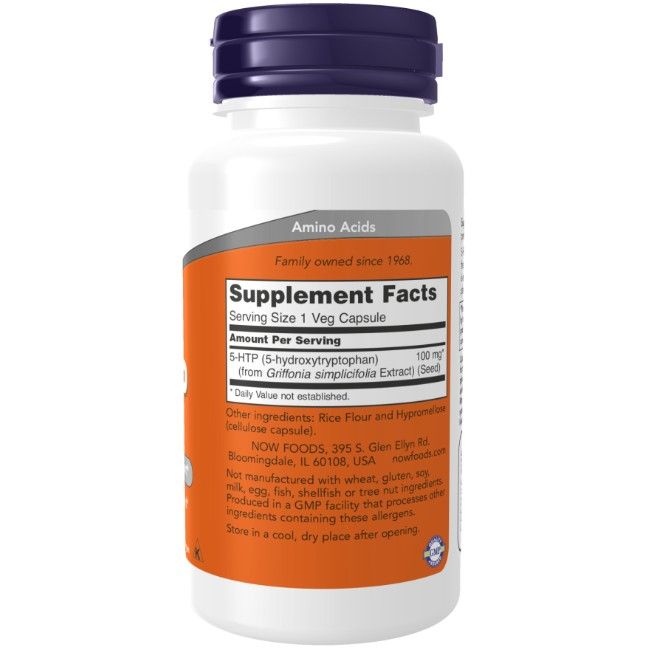 Arrière de la bouteille Now Foods 5-HTP 100 mg avec informations nutritionnelles et ingrédients.