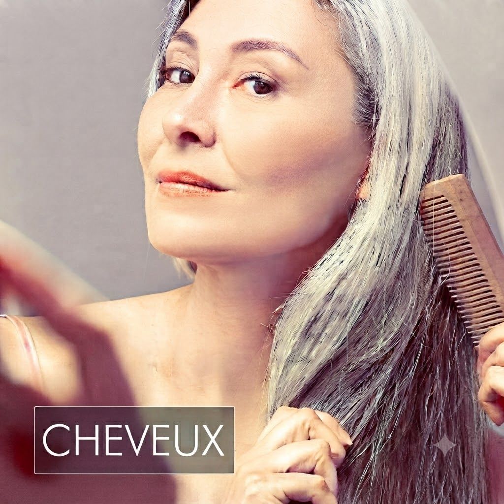 Femme aux cheveux gris se peigne les cheveux.