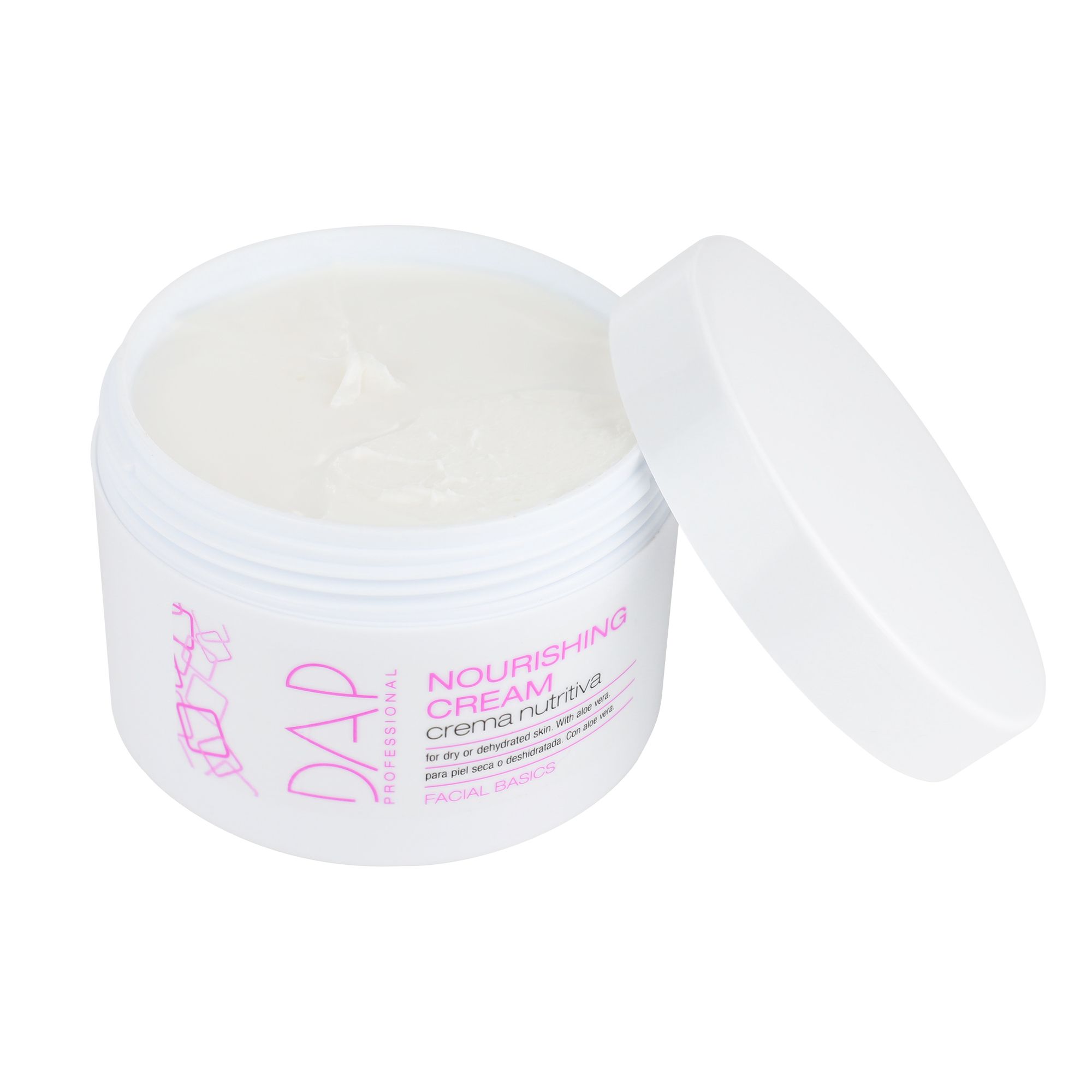 DAP Professional Nourishing Cream pot, open. Witte crème met aloë vera voor droge huid.