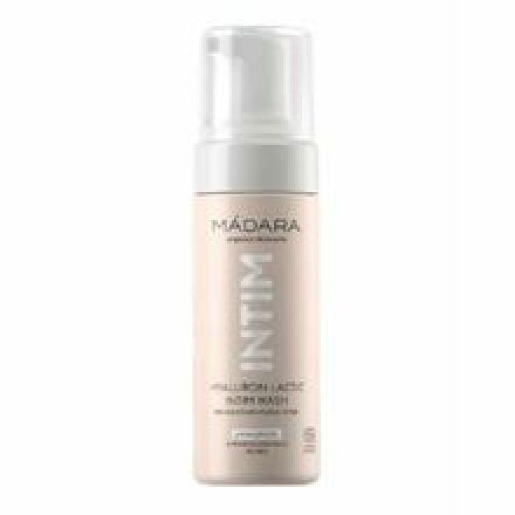 Flacon beige avec pompe blanche. Inscription: MADARA, INTIM, Hyaluron-Lactic, Foam Wash. Avec certifications.