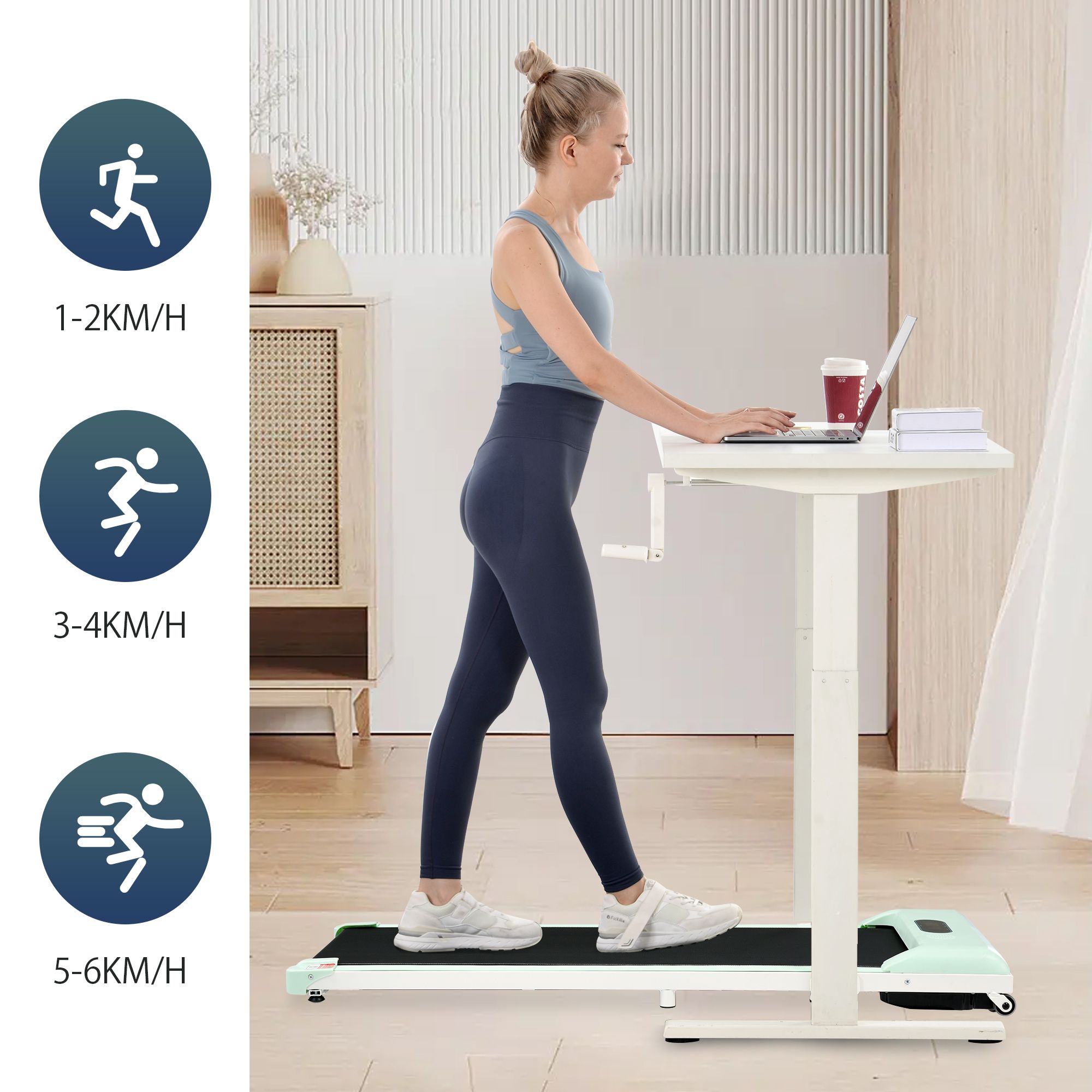 Tapis roulant avec fonction table. Personne travaillant. Indicateurs de vitesse: 1-2, 3-4, 5-6 km/h.