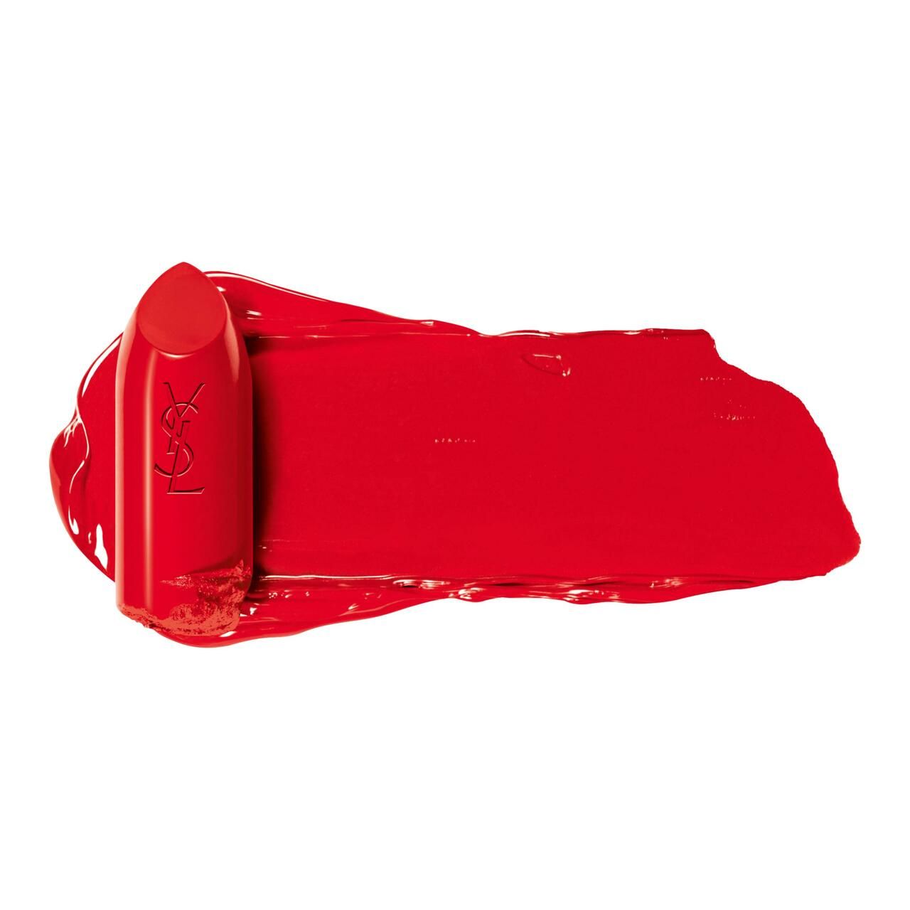 Rouge à lèvres rouge avec logo YSL sur une touche de couleur rouge.