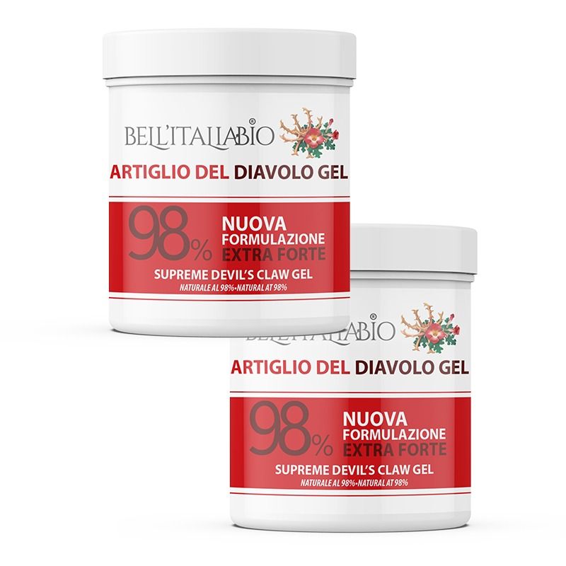 Deux pots blancs avec étiquettes rouges. Inscription: Artiglio del Diavolo Gel, 98%, Extra Forte. Marque: Bell'Italiabio.