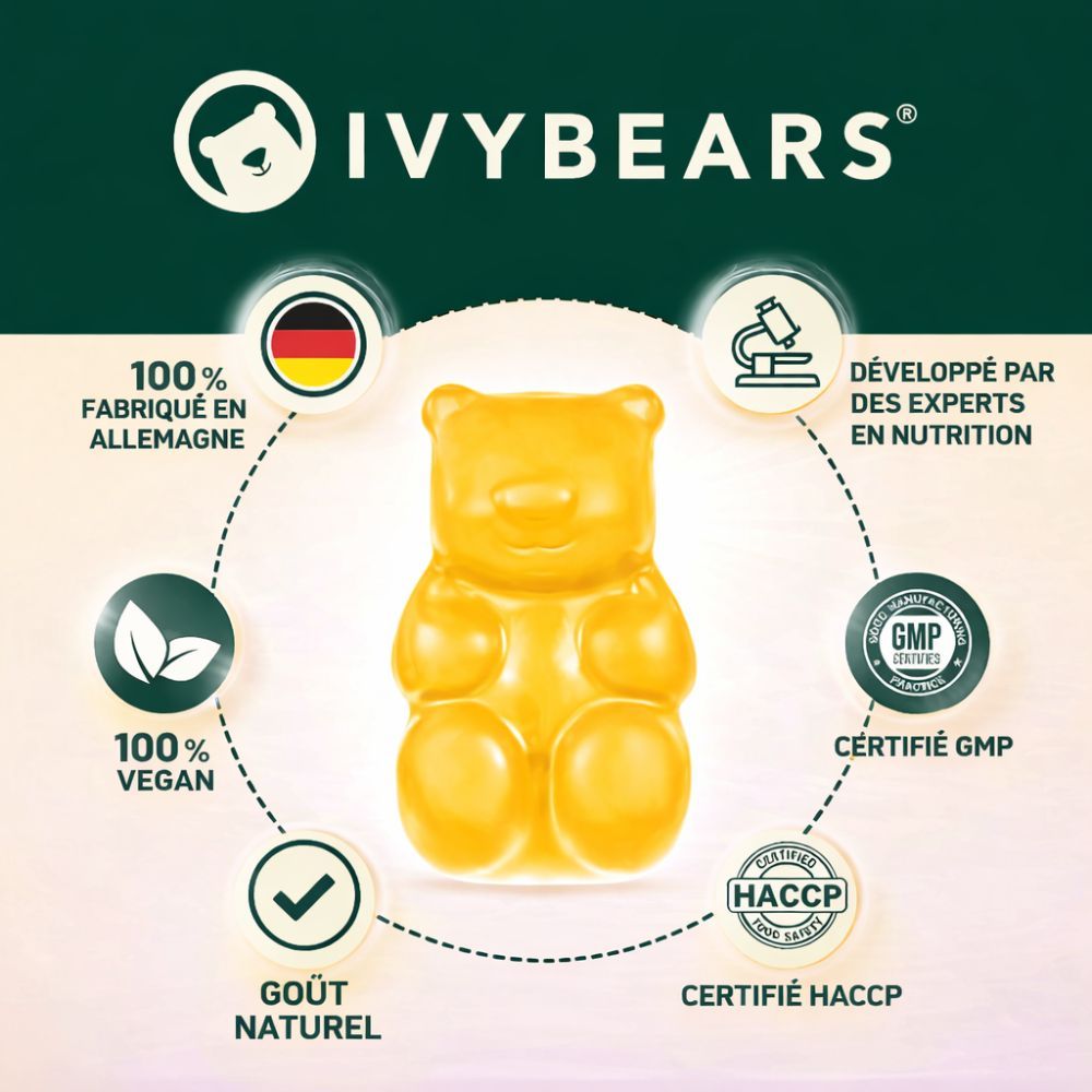 Ours en gomme jaune. Disposition circulaire avec logos: IVYBEARS, 100% Fabriqué en Allemagne, 100% Vegan, certifié GMP, certifié HACCP.