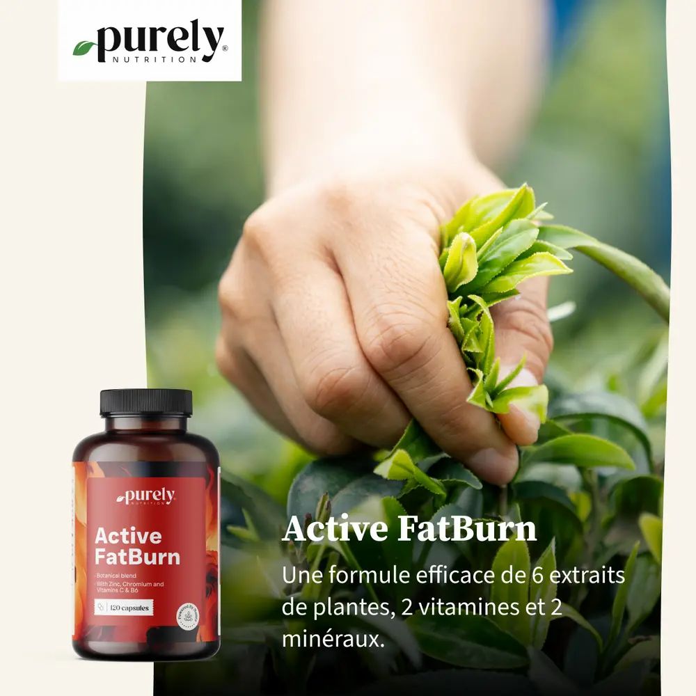 Main cueillant des feuilles vertes. À côté, une bouteille 'Active FatBurn'.