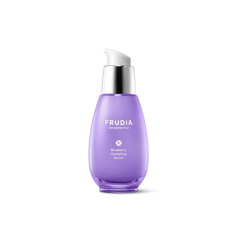 Paars glazen flesje met pompdos, FRUDIA Blueberry Hydrating Serum.
