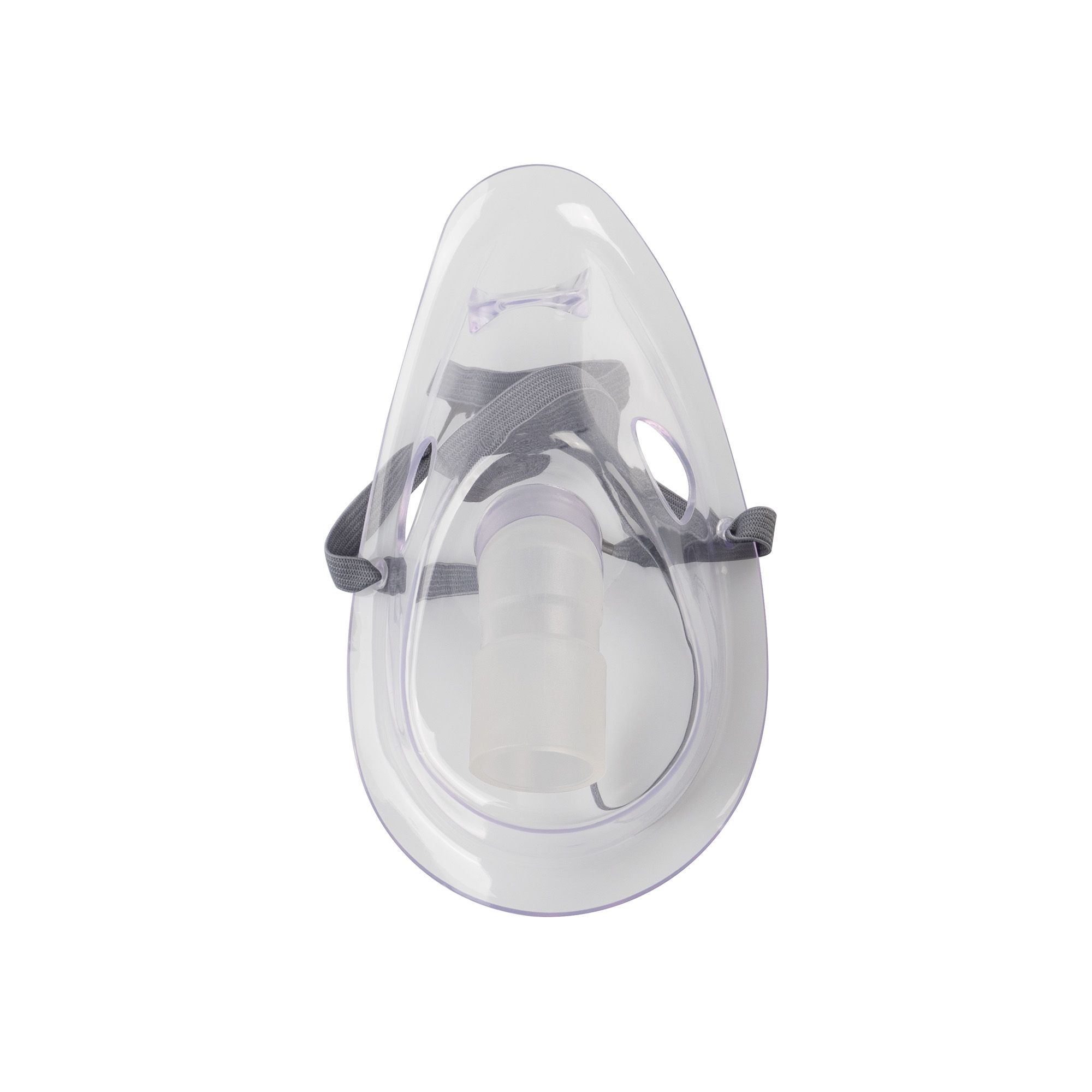 Transparant inhalatiemasker met grijze hoofdband.