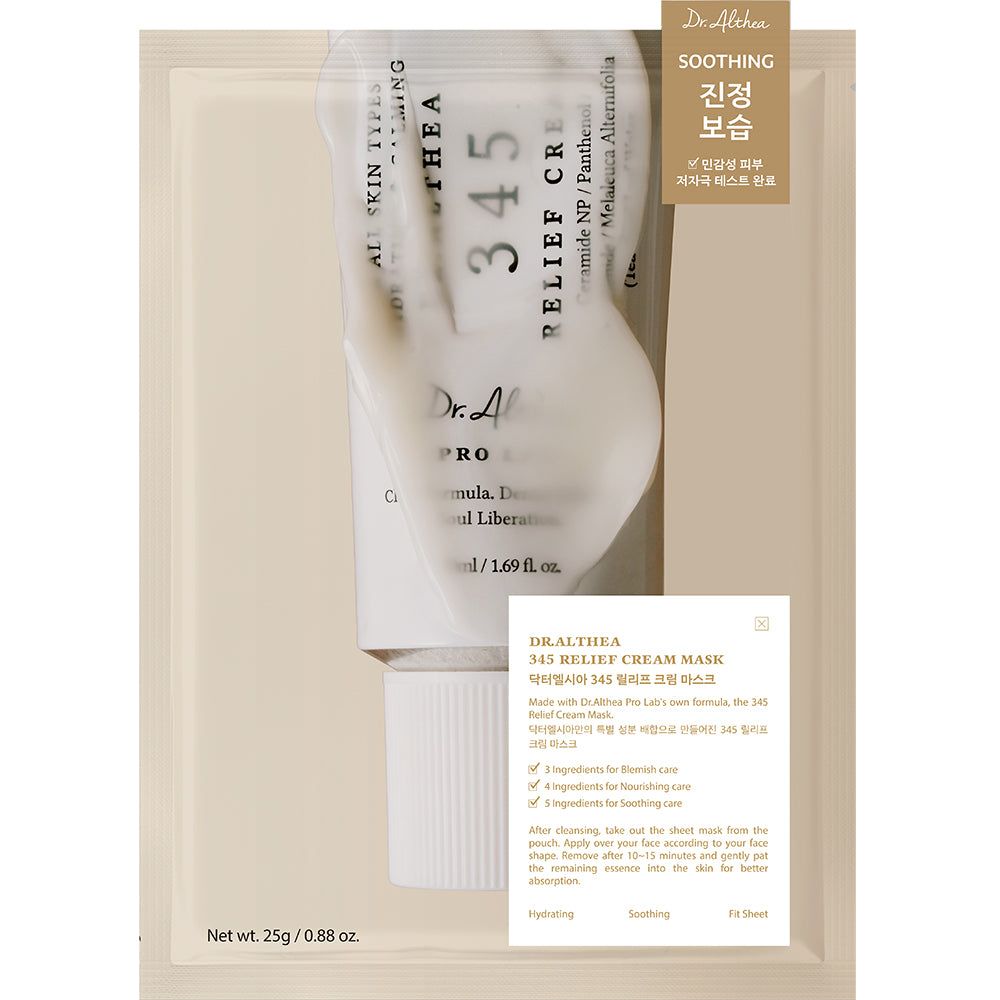 Emballage du masque crème Dr. Althea 345 Relief avec instructions d'utilisation.