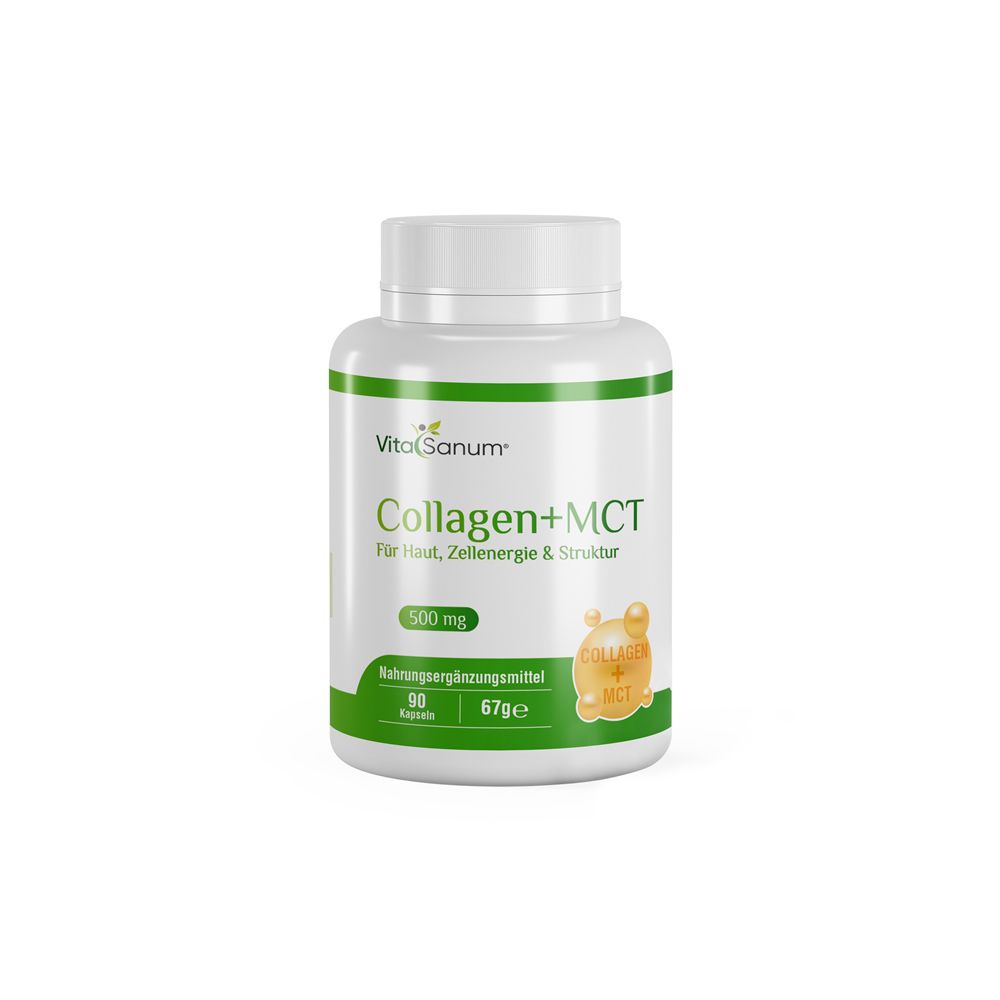 Flacon blanc avec étiquette verte. Inscription: Collagen+MCT, 500 mg, 90 gélules. Logo VitaSanum. Image d'une gélule.