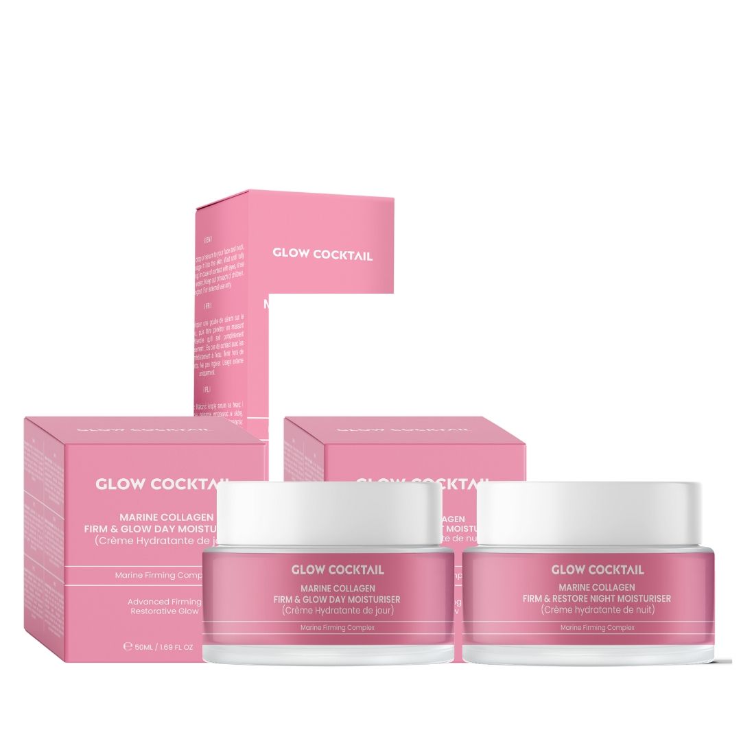 Roze dozen en potten. Opschrift: Glow Cocktail, Marine Collagen. Producten: dag- en nachtcrème, verpakkingen.