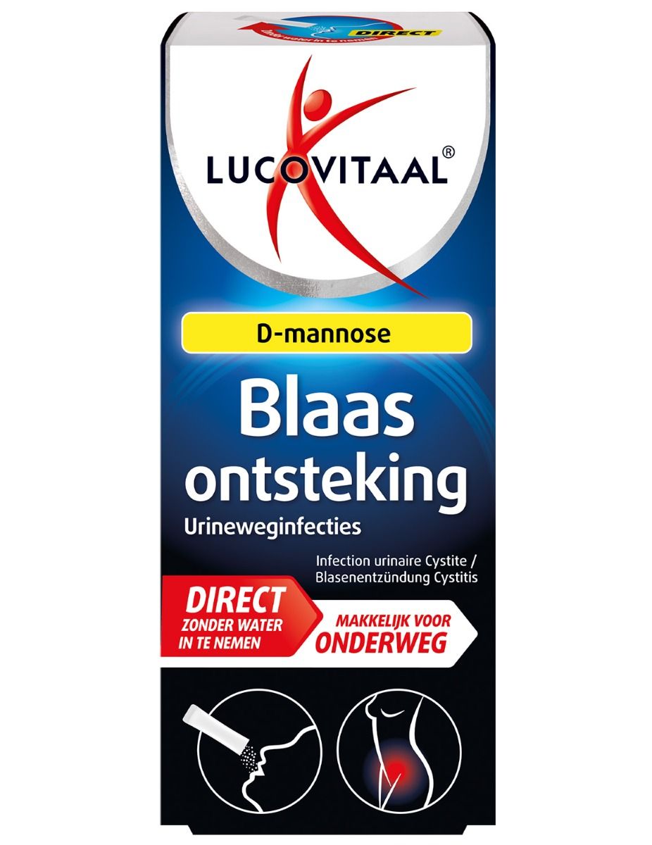 Verpakking van Lucovitaal Blaasontsteking D-mannose Direct. Tekst Blaasontsteking, tekst D-mannose, tekst Direct. Met illustraties.