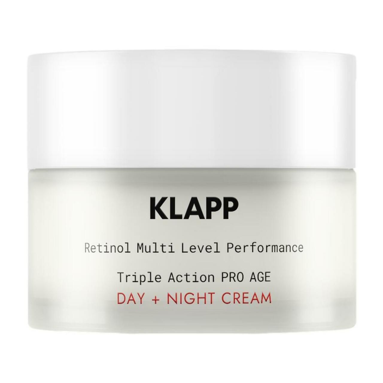 Crèmepot met witte deksel. Opschrift: Klapp, Retinol Multi Level Performance, Triple Action PRO AGE, DAY + NIGHT CREAM. Productbeschrijving.