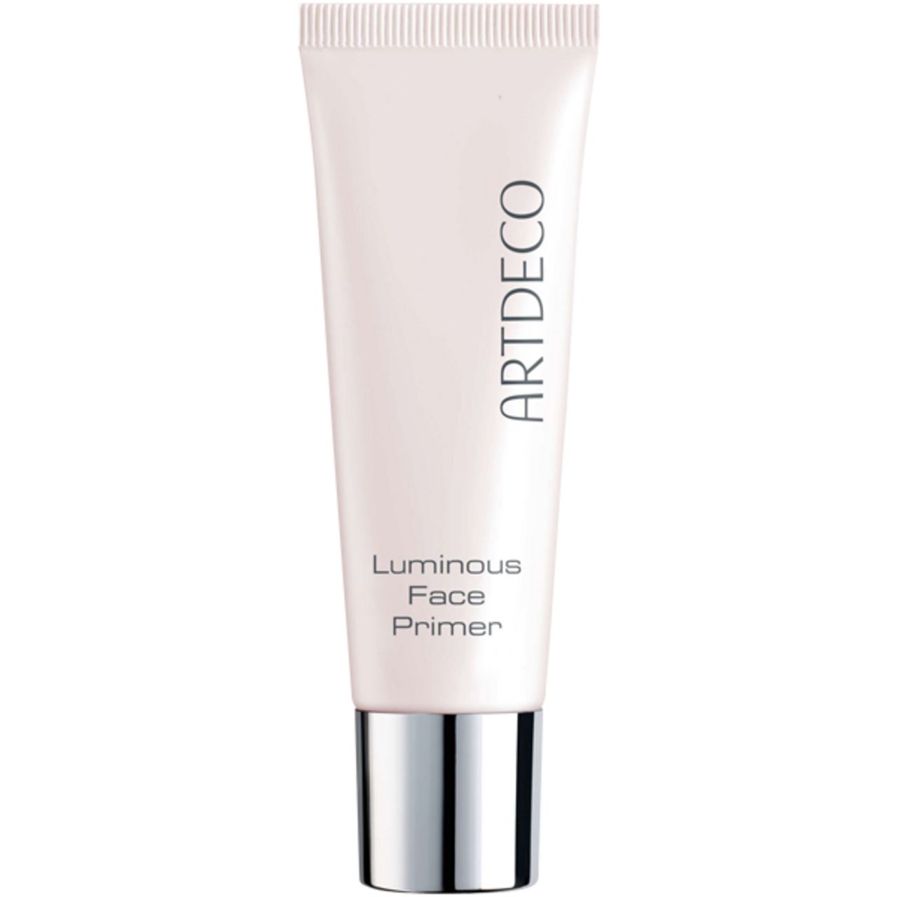 Tube de Luminous Face Primer Artdeco. Tube blanc avec bouchon argenté. Nom du produit et marque imprimés.
