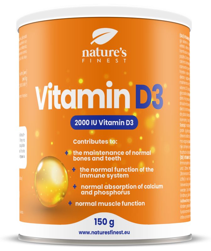 Boîte de poudre de Vitamine D3 Nature's Finest, 150g. Boîte orange avec informations sur les os, le système immunitaire et les muscles.
