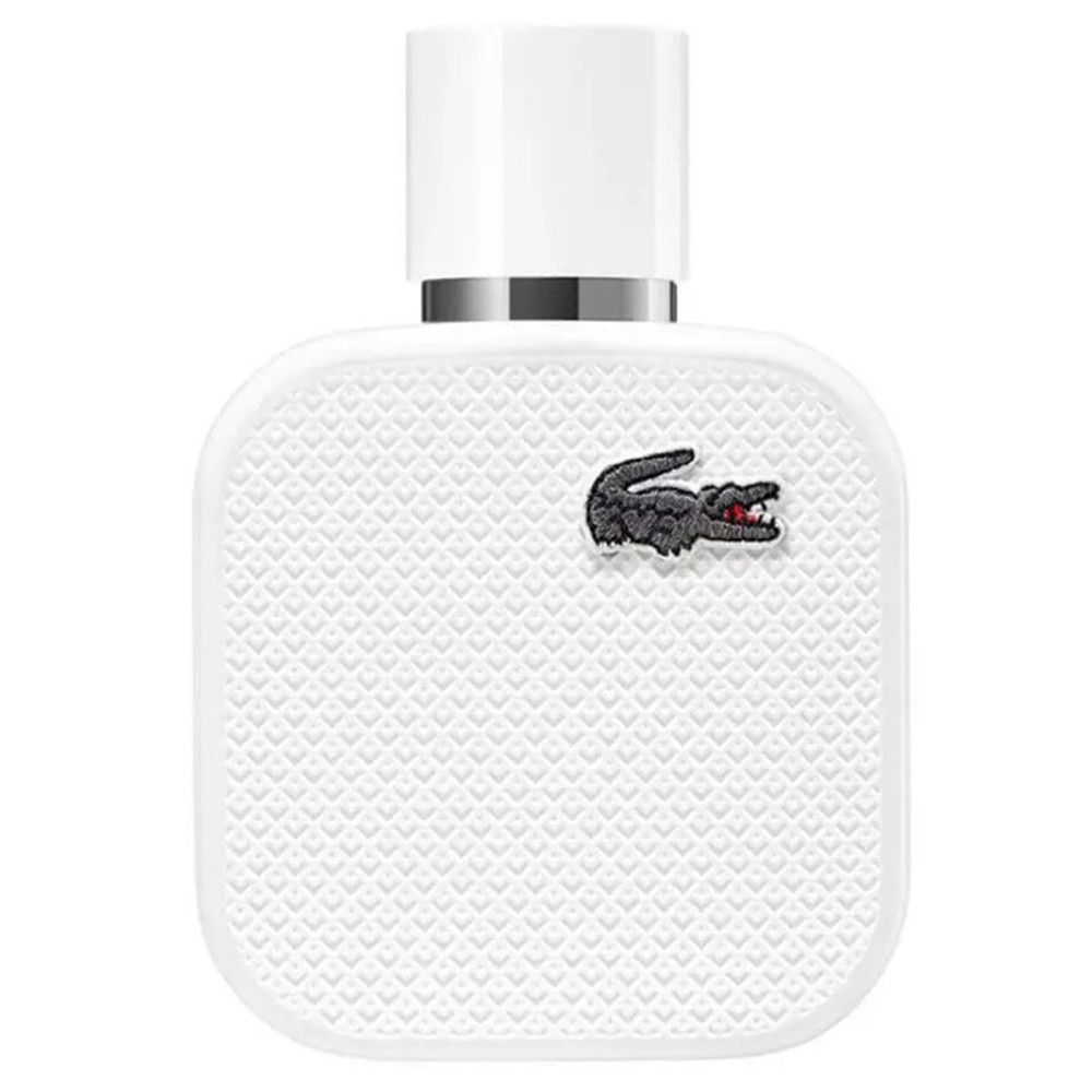Flacon blanc Lacoste L.12.12 Blanc. Logo crocodile. Eau de parfum, vaporisateur.