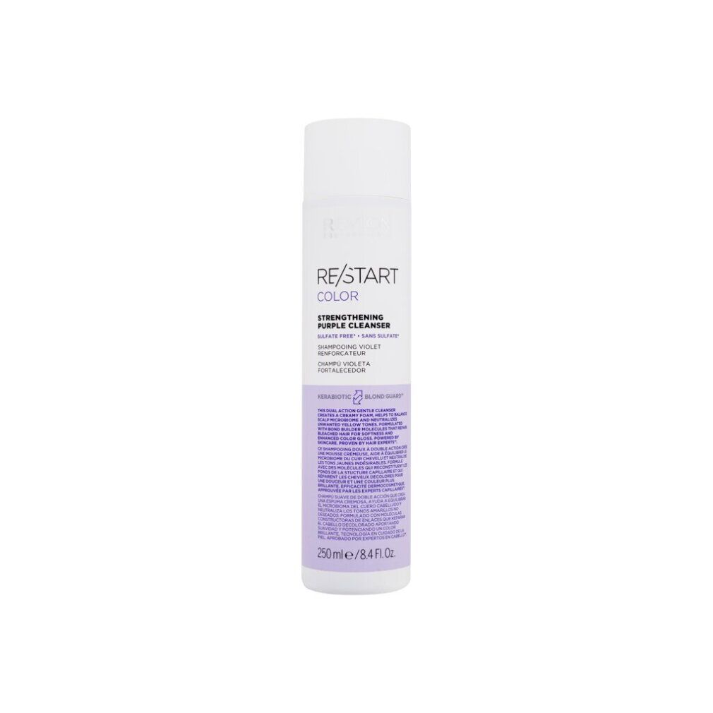 Flacon Revlon Re-Start Color Strengthening Purple Cleanser. Étiquette blanche avec texte et logo violets.