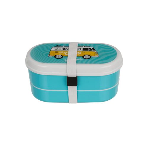 Blauwe broodtrommel met wit deksel. VW T1 Bus-motief. Witte band voor bevestiging. Opschrift: Surf Adventure.