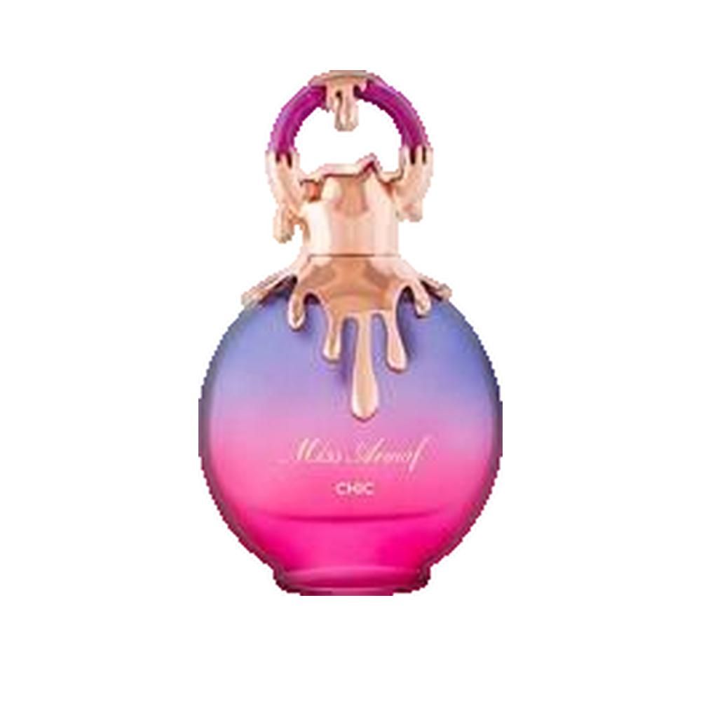Flacon de parfum rond, dégradé rose et violet. Bouchon doré avec anse rose. Inscription : Miss Armaf Chic.