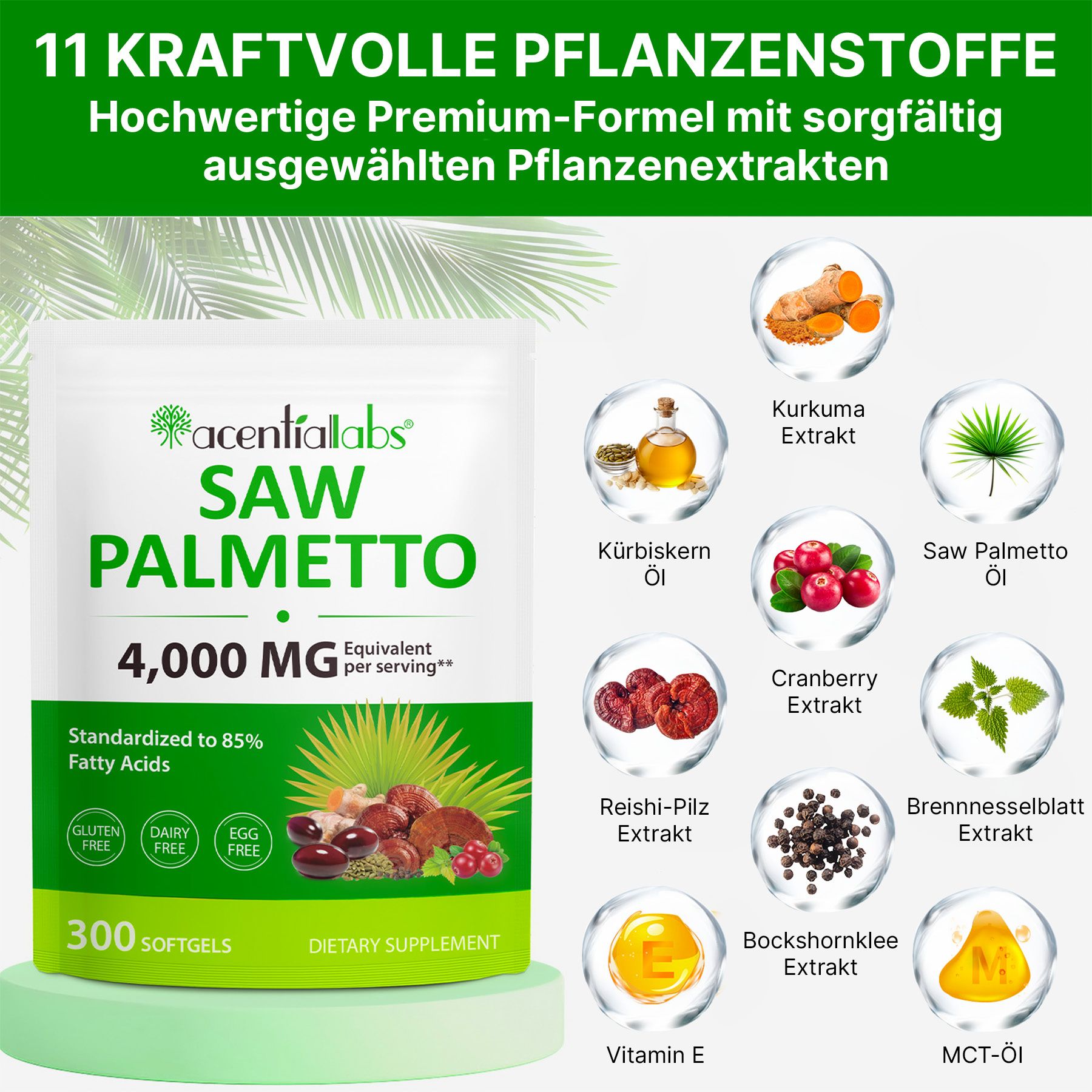 Acentiallabs Capsules molles à haute dose d'extrait de palmier nain et d'huile de pépins de courge