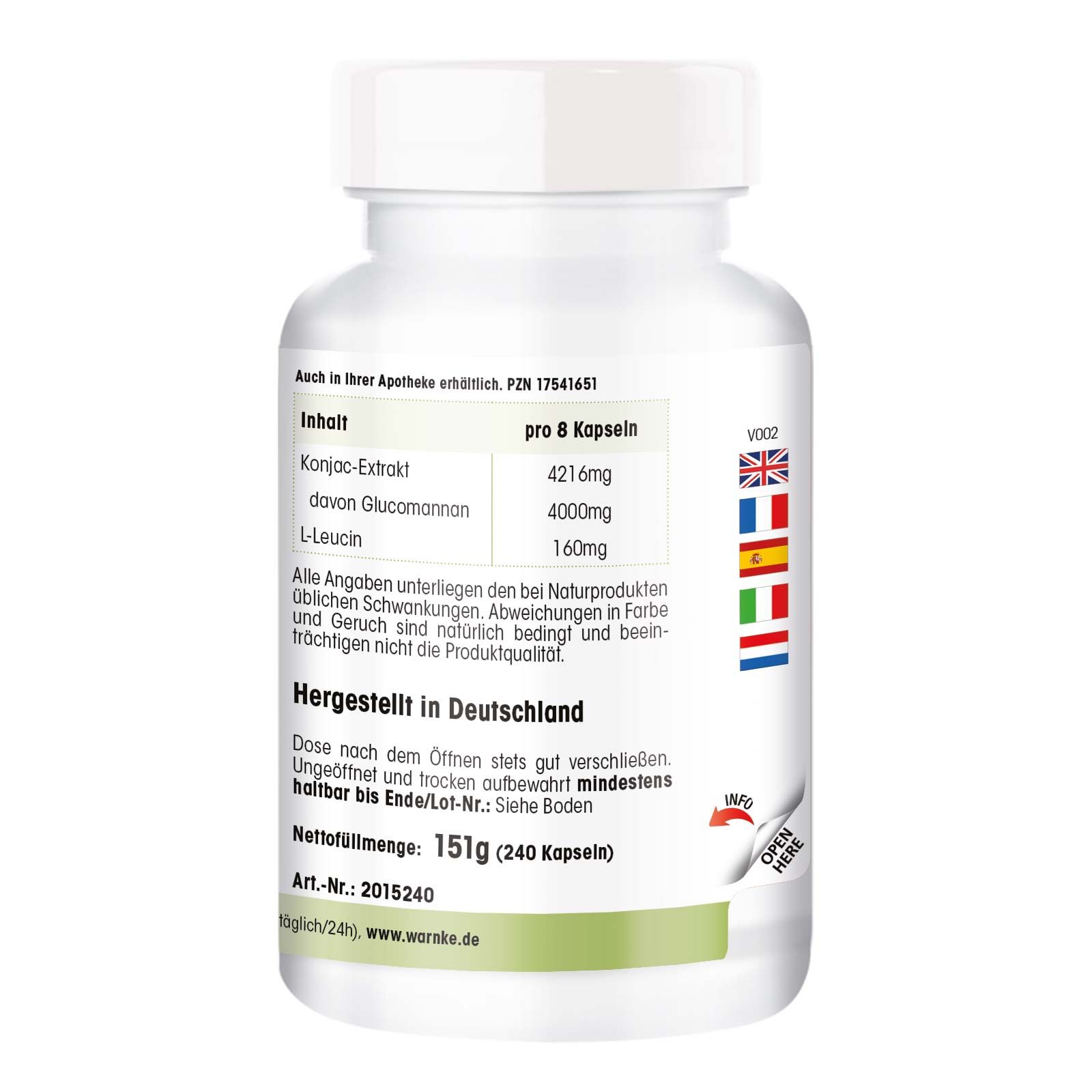 Achterkant van de fles. Tekst: inhoud per 8 capsules, Gemaakt in Duitsland. Met vlaggen en logo.