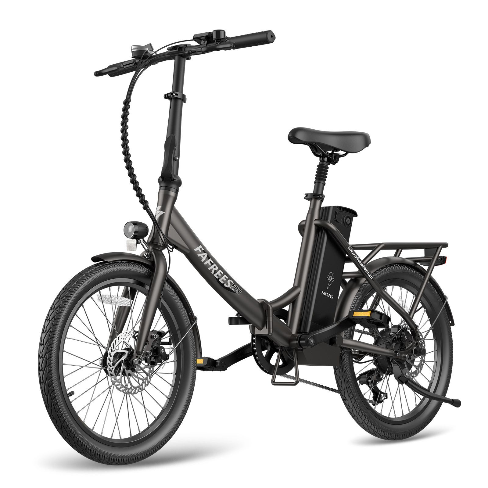 Vélo électrique Fafrees F20, anthracite. Vue de face. Avec porte-bagages, garde-boue et batterie. Marque et nom du modèle.