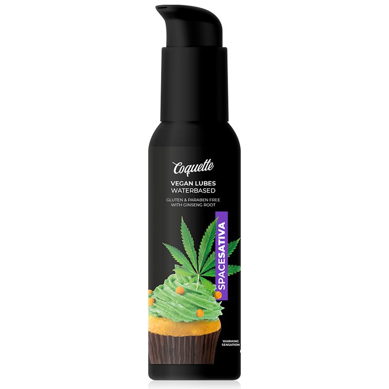 Flacon noir avec pompe. Inscription: Coquette, Vegan Lubes Waterbased, Spacesativa. Illustration d'un cupcake avec feuille de cannabis.