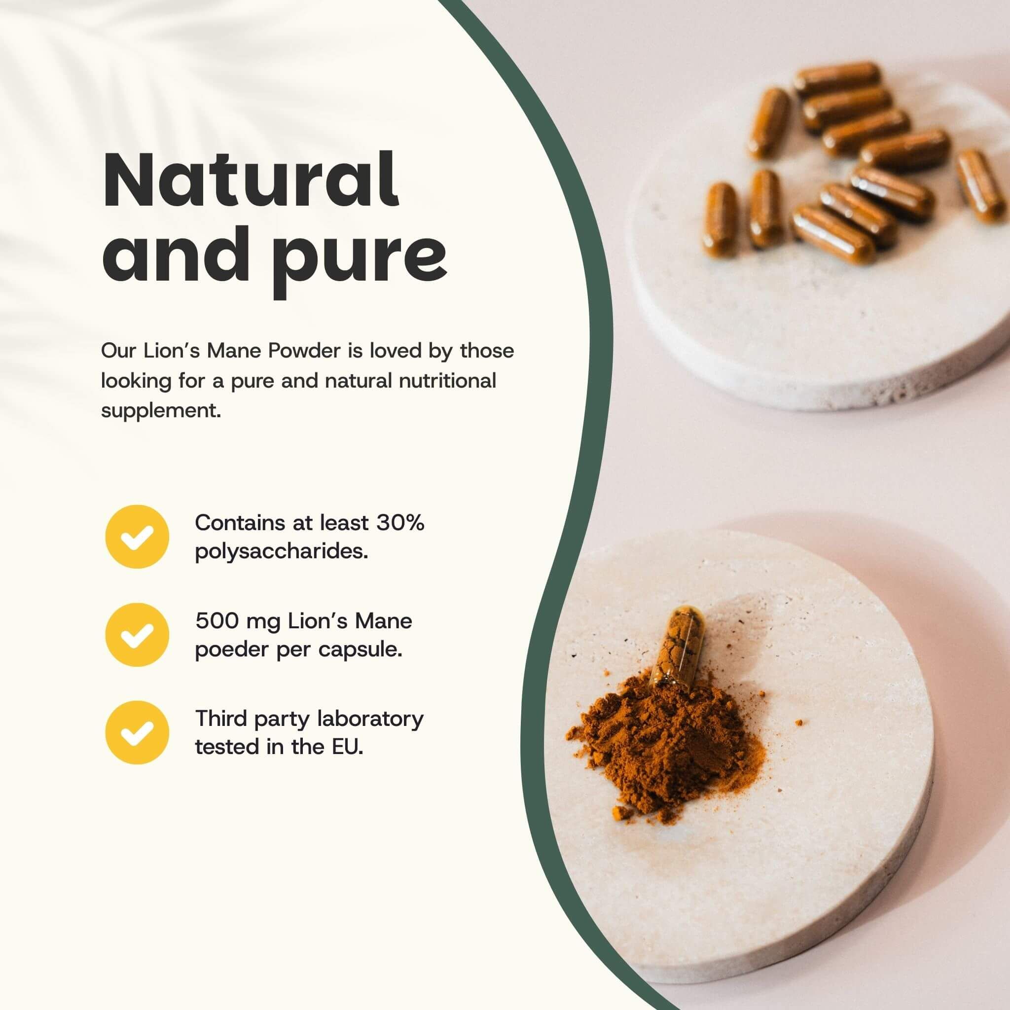 Gélules et poudre sur plateaux. Texte : Contient au moins 30% de polysaccharides. 500 mg de crinière de lion.