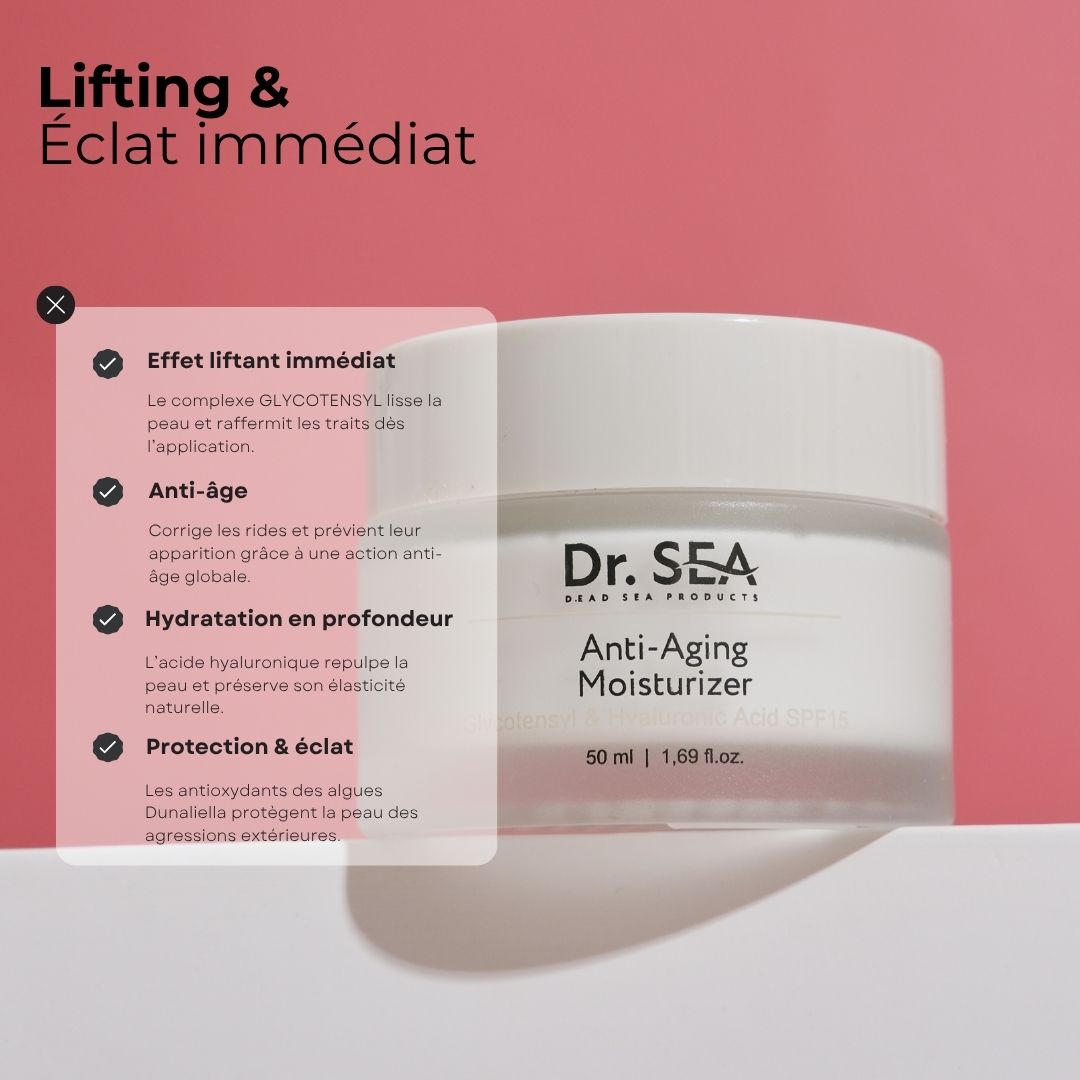 Pot de crème avec texte. Texte: Lifting & Éclat immédiat. Anti-Aging Moisturizer.