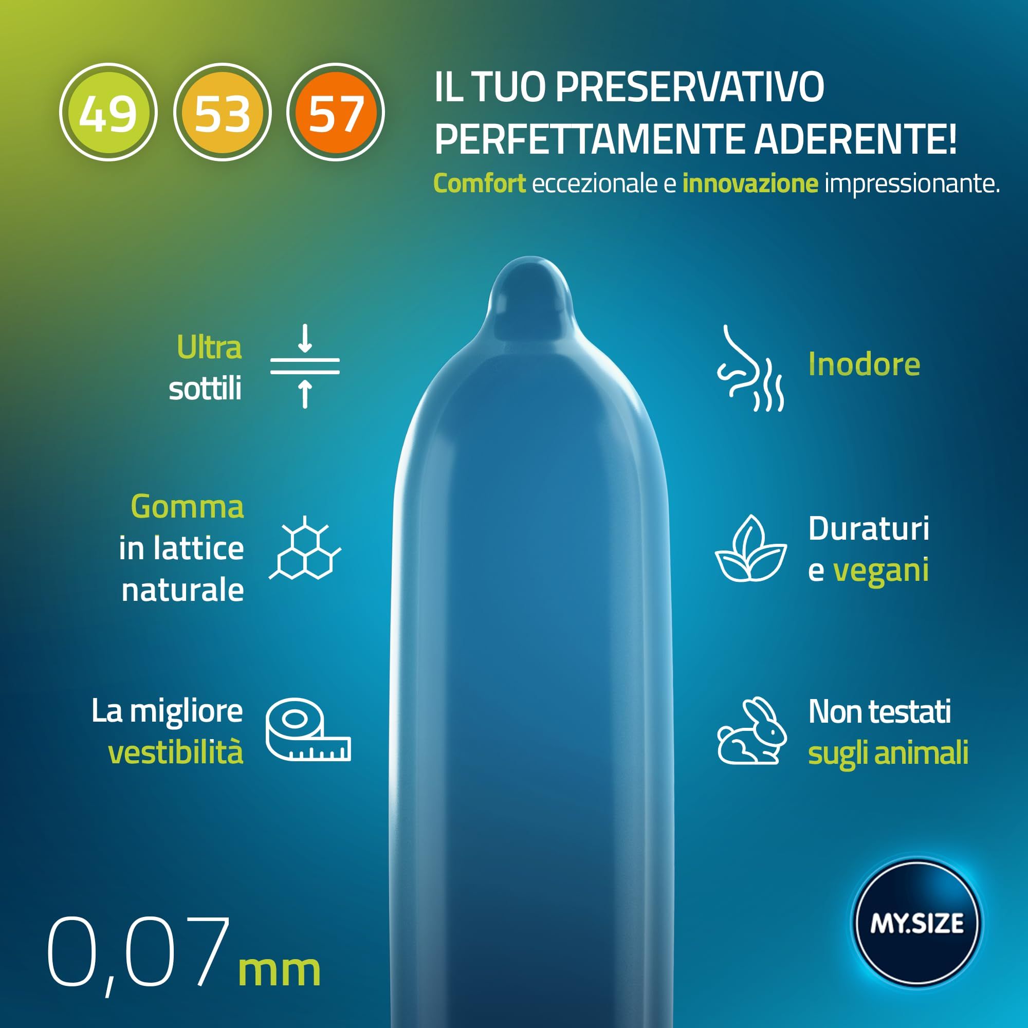 Blauw condoom met iconen: zeer dun, natuurlijk latex, beste pasvorm, geurloos, duurzaam, vegan, geen dierproeven. 0,07mm.