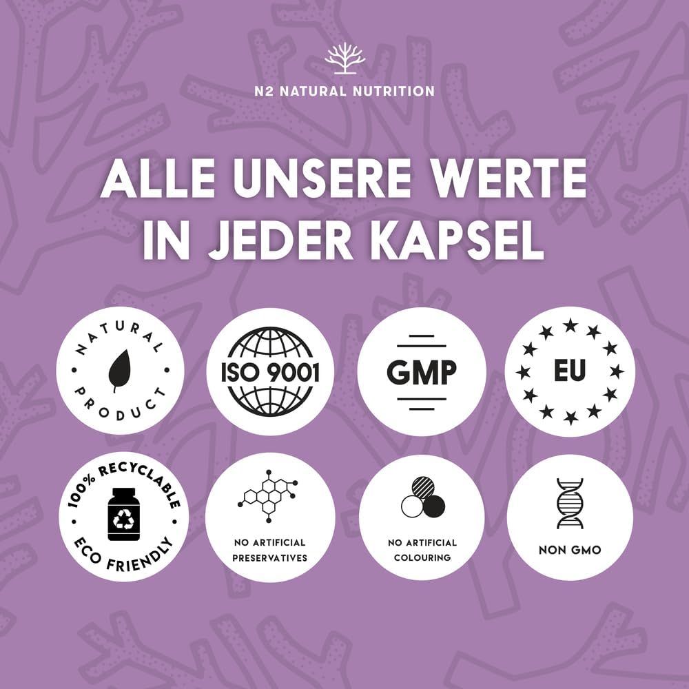 Cirkelvormige logo's. Tekst: Natural Product, ISO 9001, GMP, EU, Recyclable, No Artificial Preservatives.