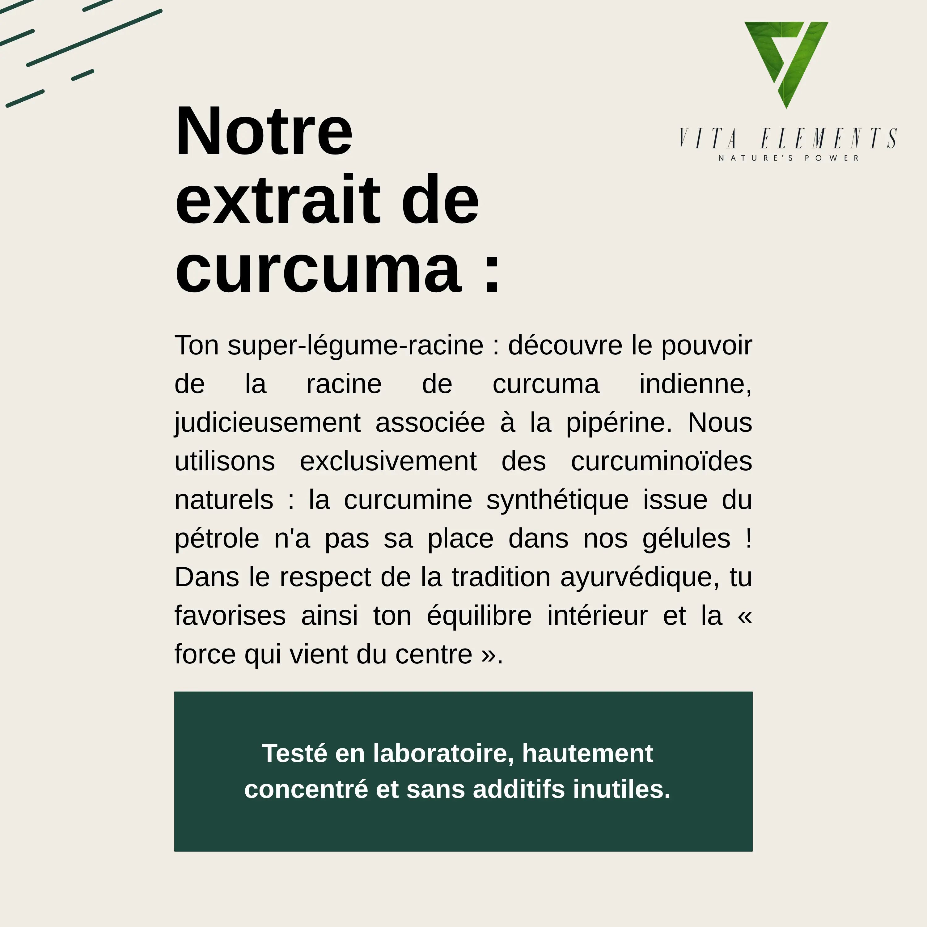 Vita Elements Curcuma Extrait: Informations sur les ingrédients, tests en laboratoire et fabrication végétalienne. Sans additifs inutiles.