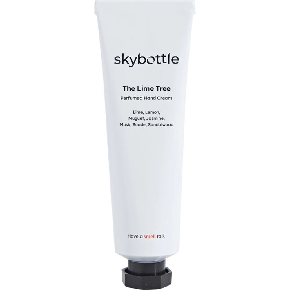 Tube blanc de crème pour les mains SKYBOTTLE "The Lime Tree". Texte: "The Lime Tree", "Perfumed Hand Cream". Bouchon noir. Texte: "Have a smell talk".