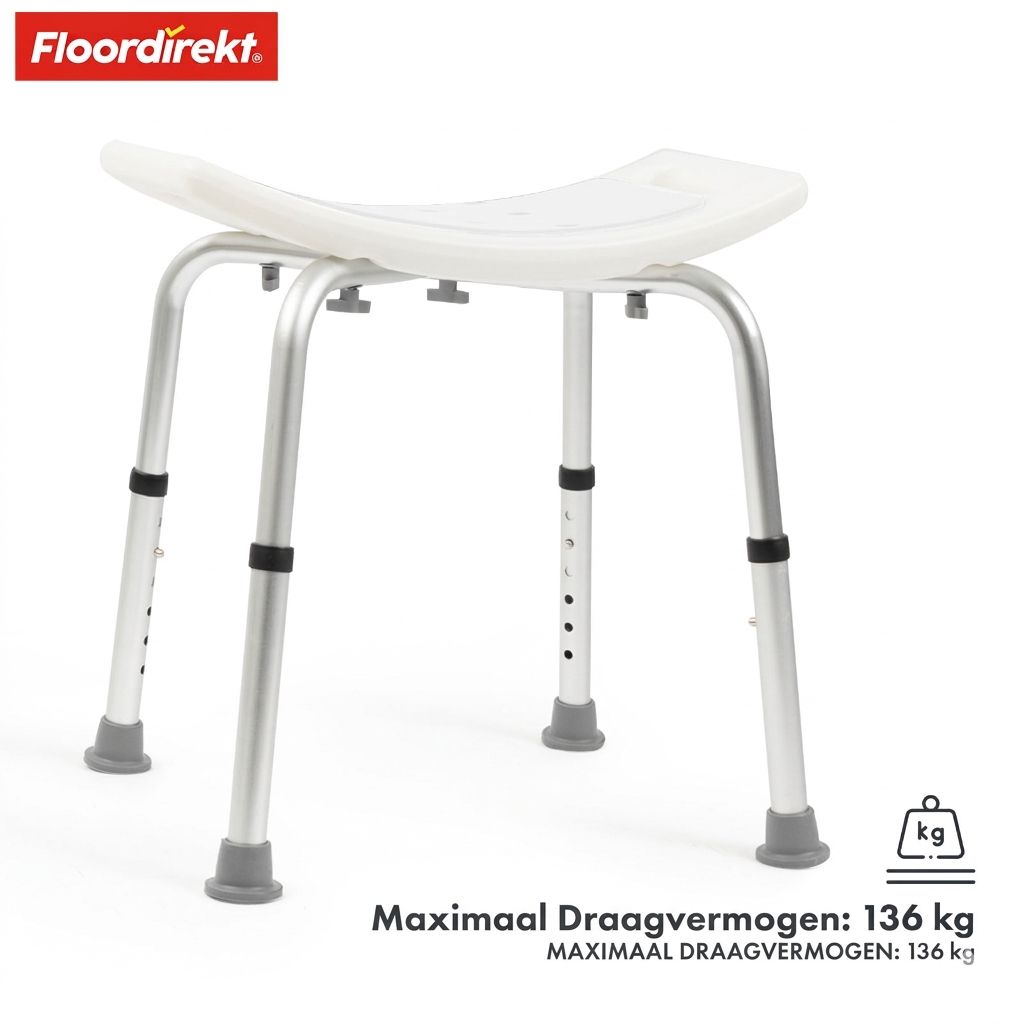 Douchekruk met witte zitting, zilveren poten, grijze voetjes. Maximaal draagvermogen: 136 kg. Merk: Floordirekt.
