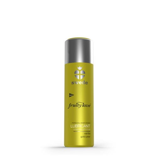 Bouteille jaune avec bouchon argenté, inscription "fruity love" et "LUBRICANT".