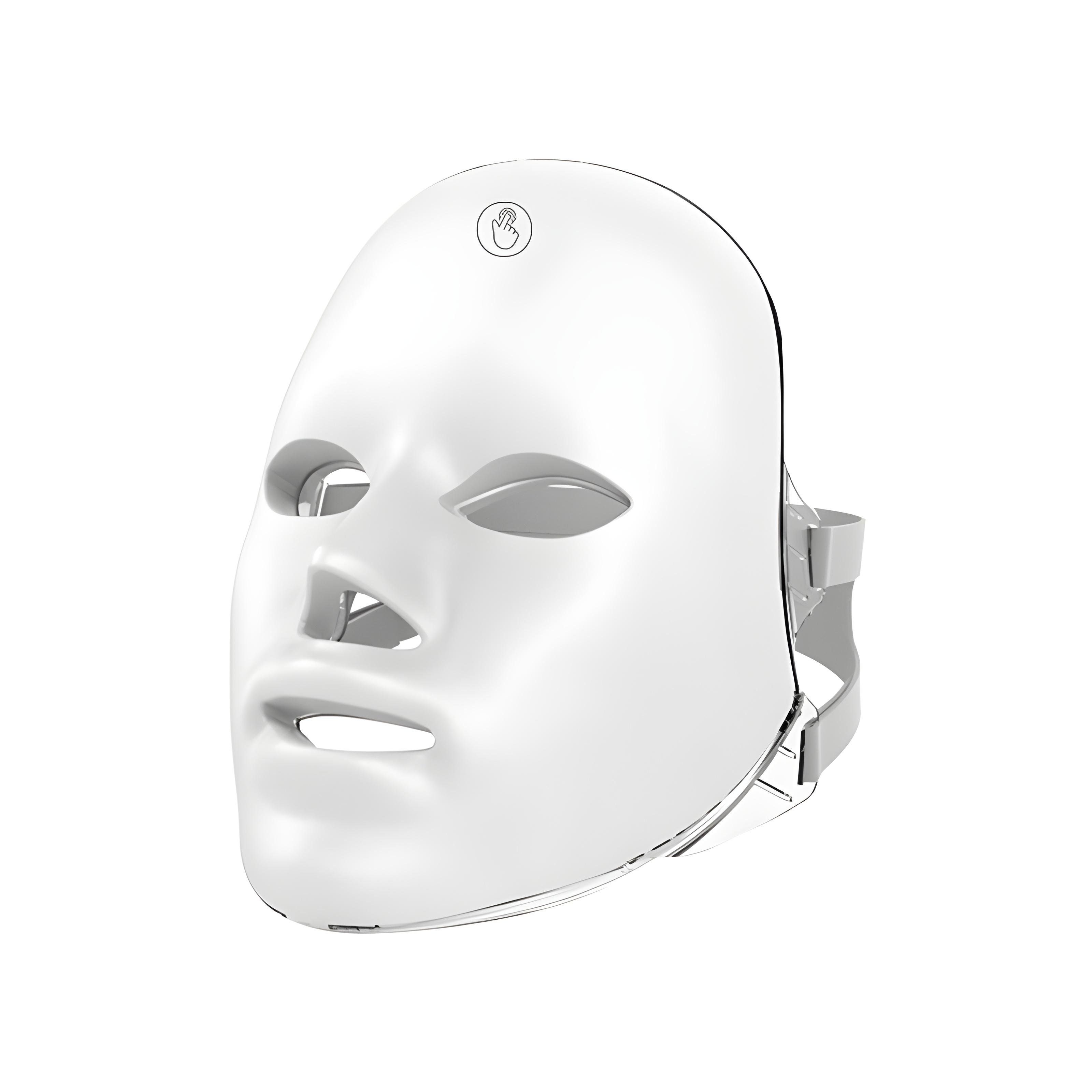 Wit LED-lichttherapiemasker met verstelbare bandjes en een logo bovenaan.