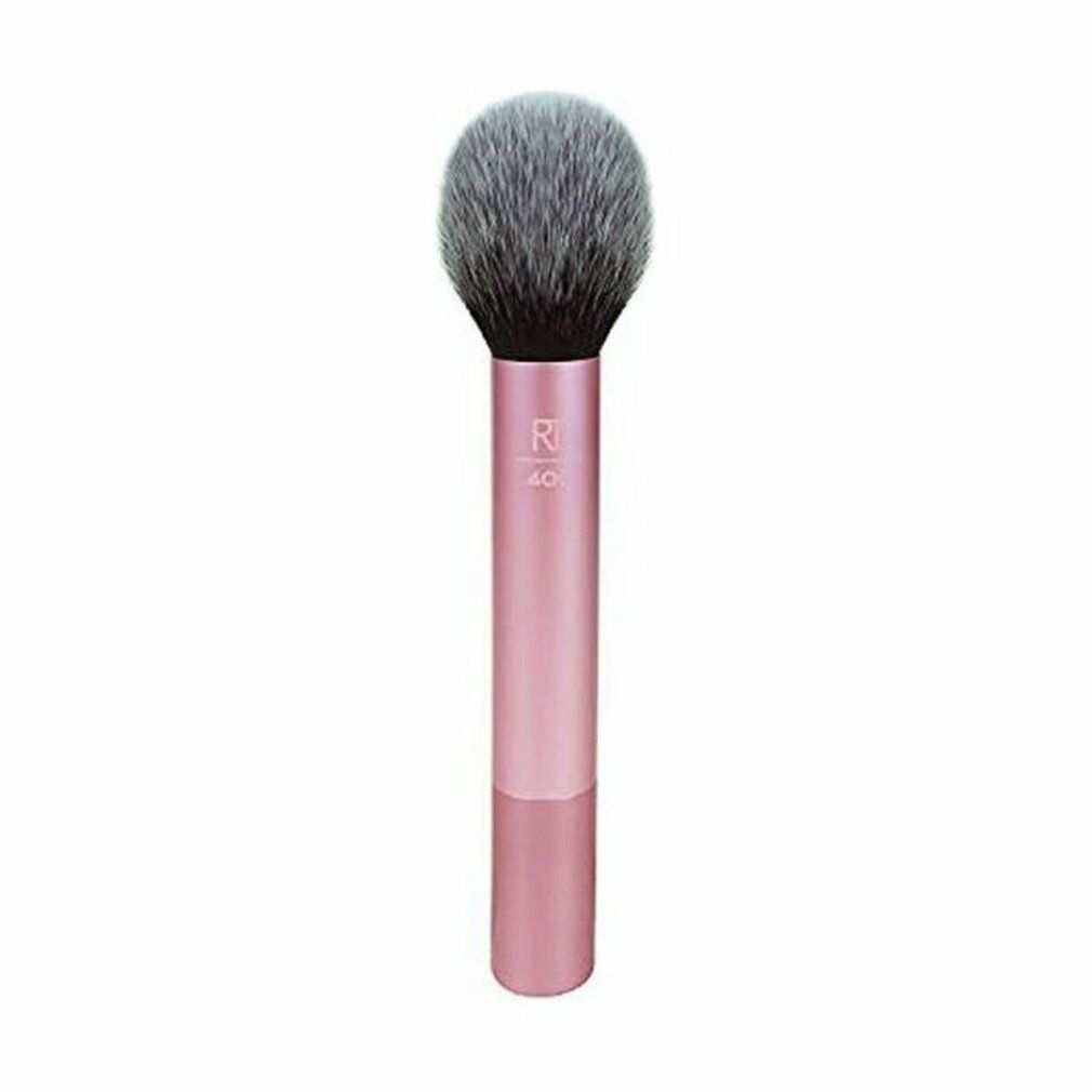 Pinceau à poudre avec manche rose et poils gris-noirs. "R 40" imprimé sur le manche.