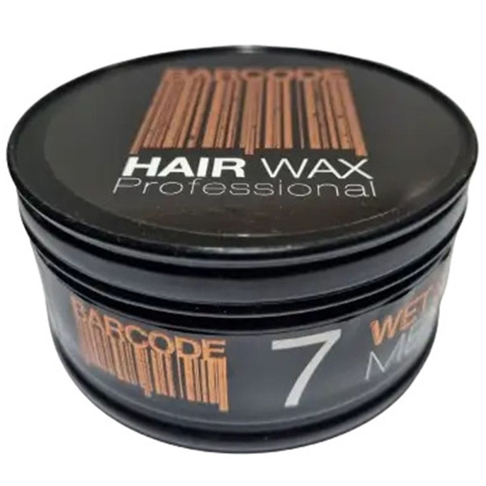 Zwarte pot met opschrift: BARCODE, 7, HAIR WAX Professional, WET MEN. Barcode-ontwerp.